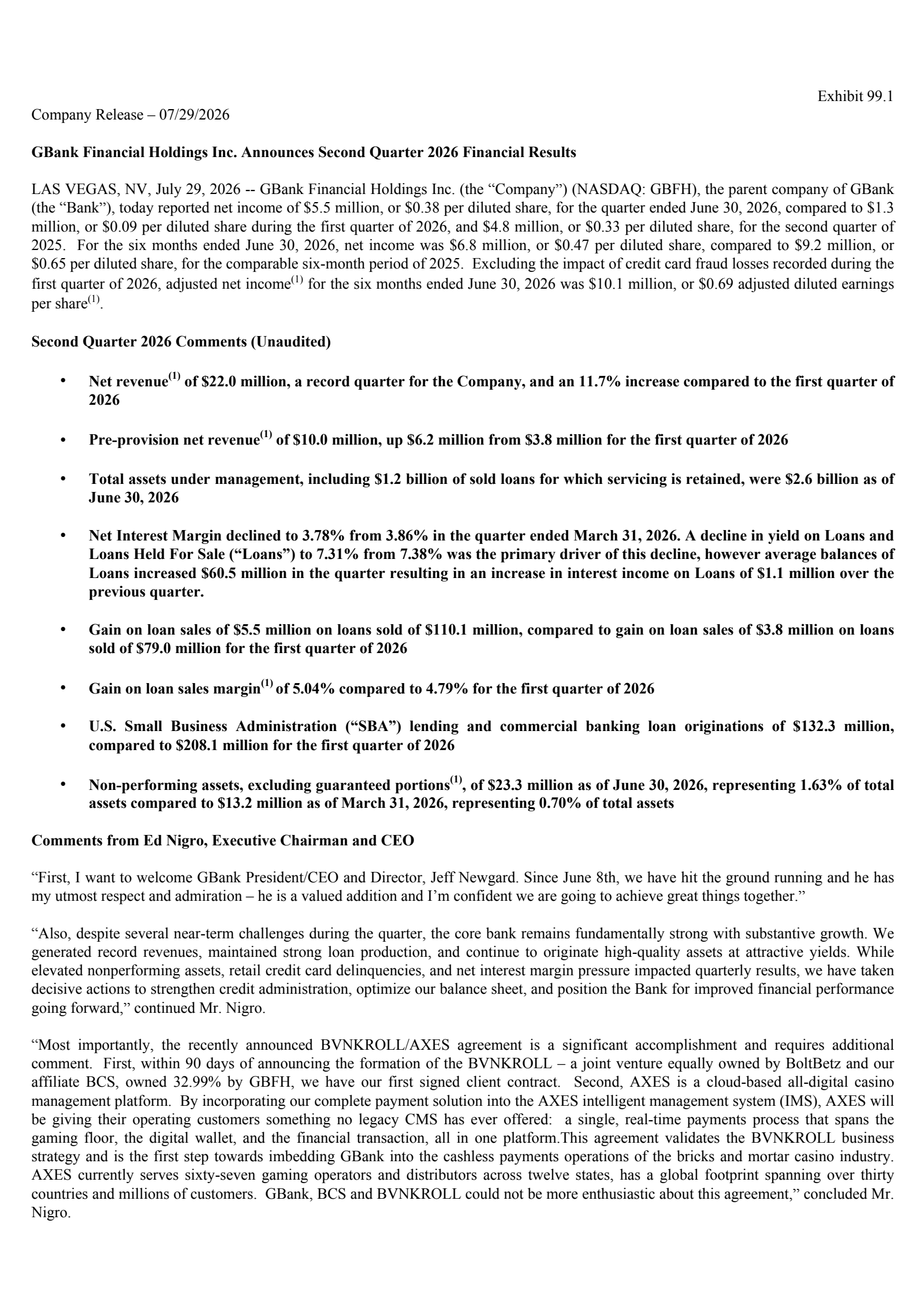 GBank Financial's Q2 2026 Press Release