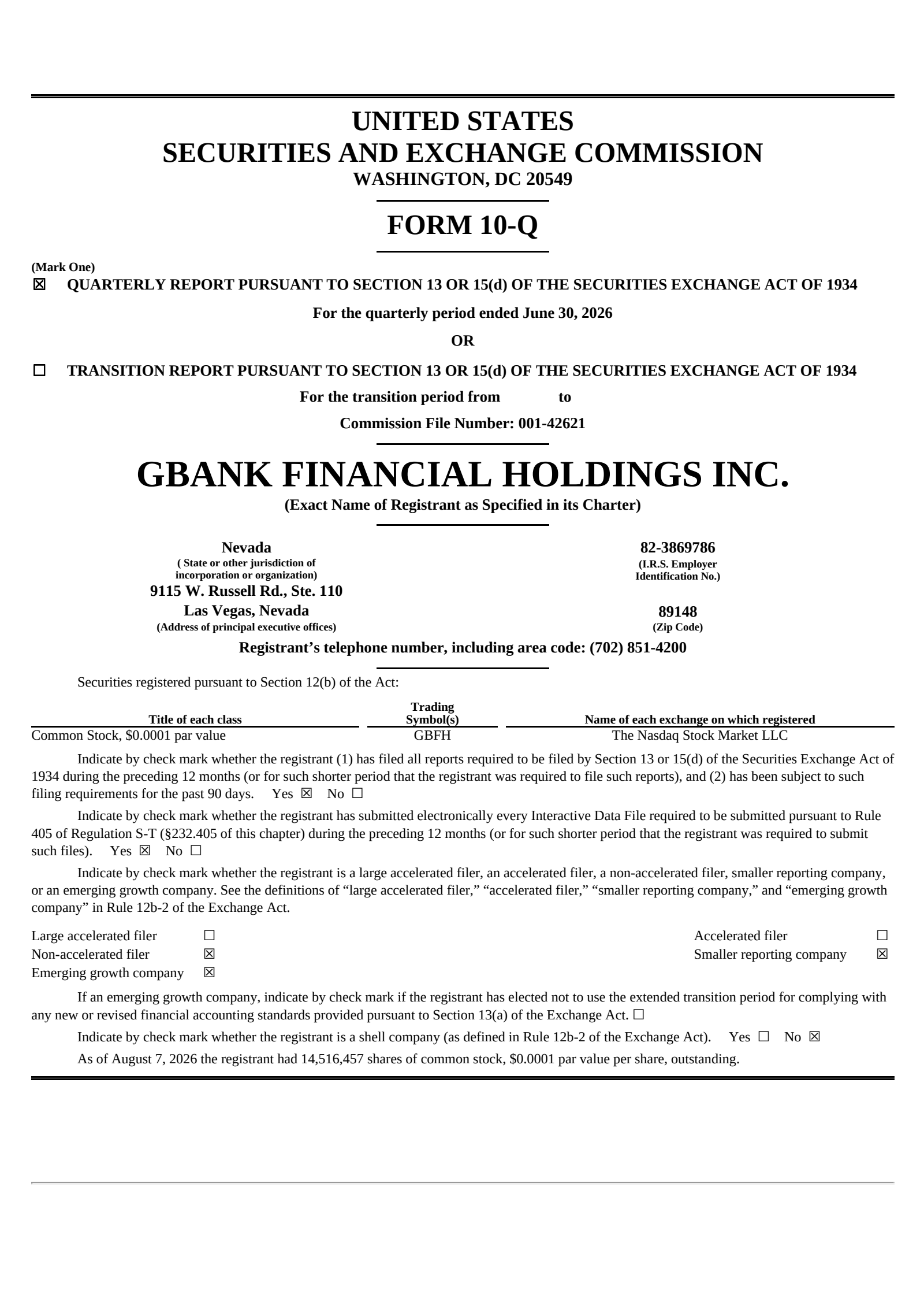 GBank Financial's Q2 2026 Quarterly report