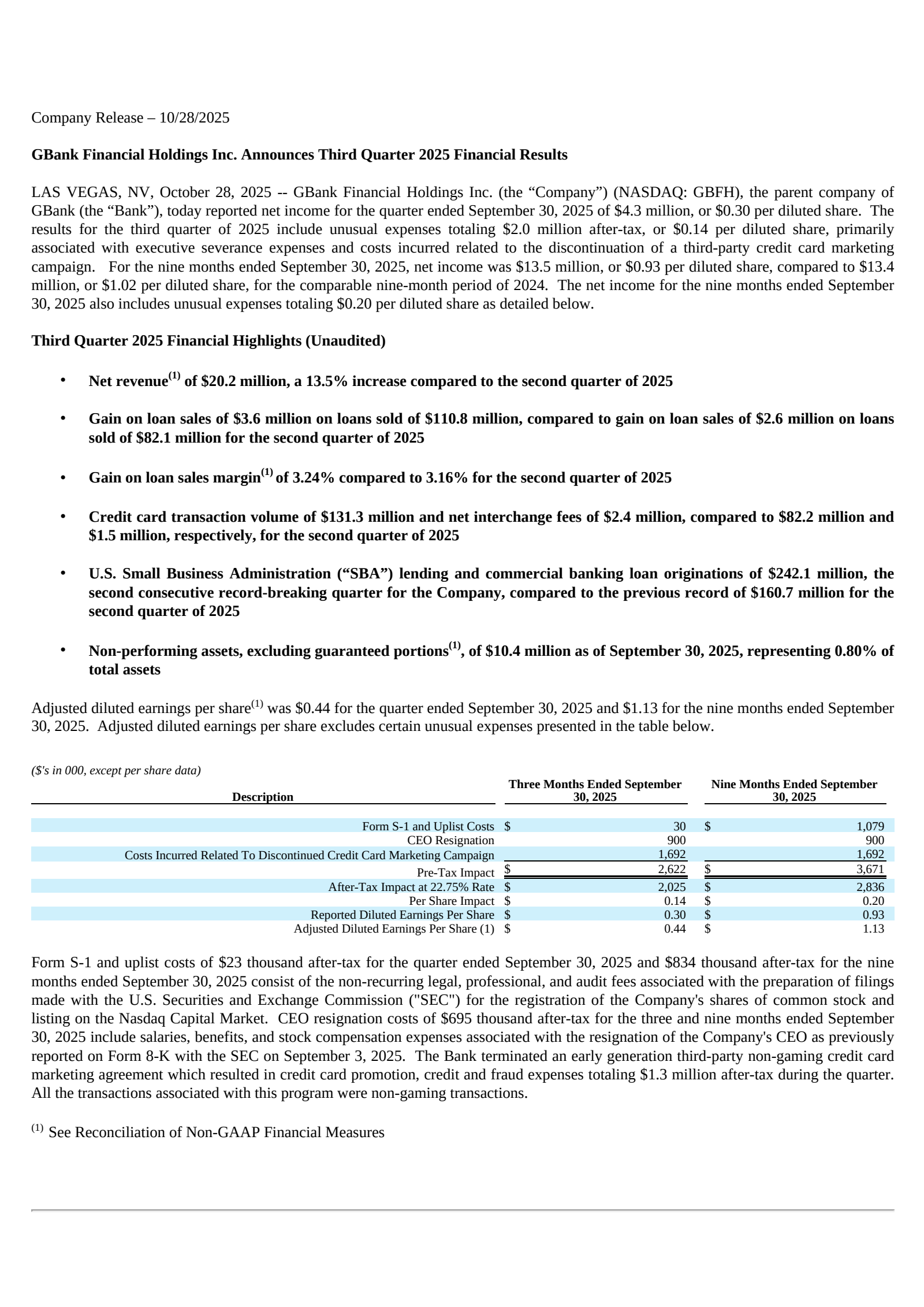 GBank Financial's Q3 2025 Earnings Release