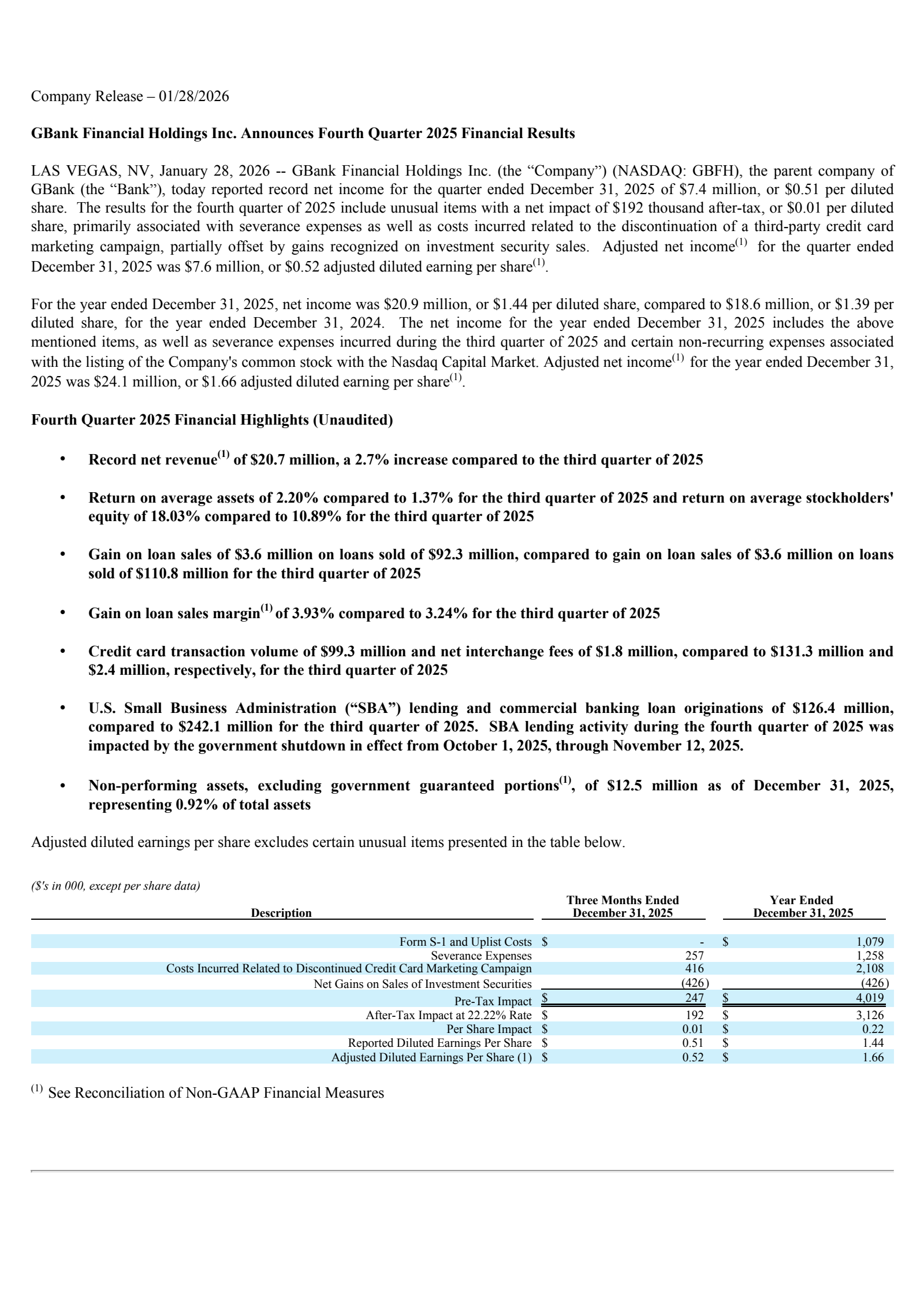 GBank Financial's Q4 2025 Press Release