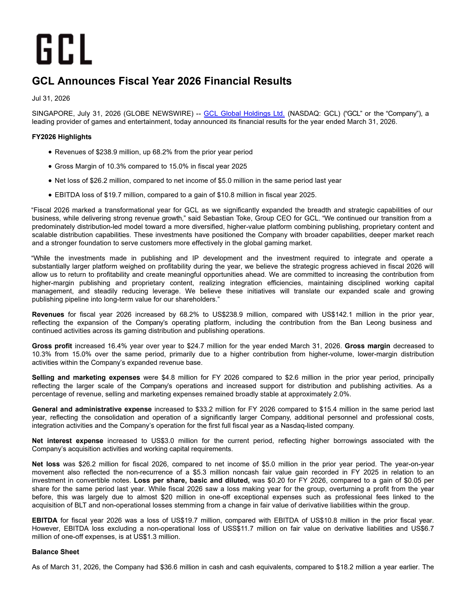 GCL Global's Q4 2026 Press Release