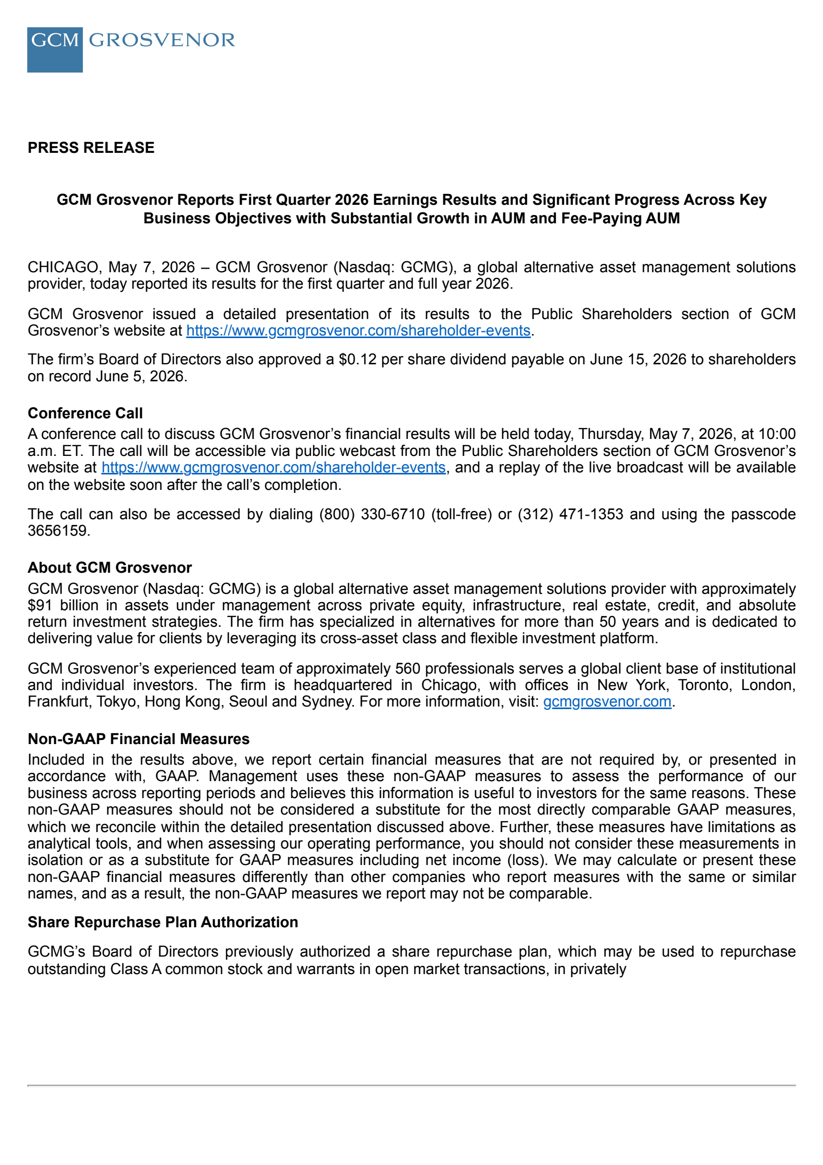GCM Grosvenor's Q1 2026 Press Release