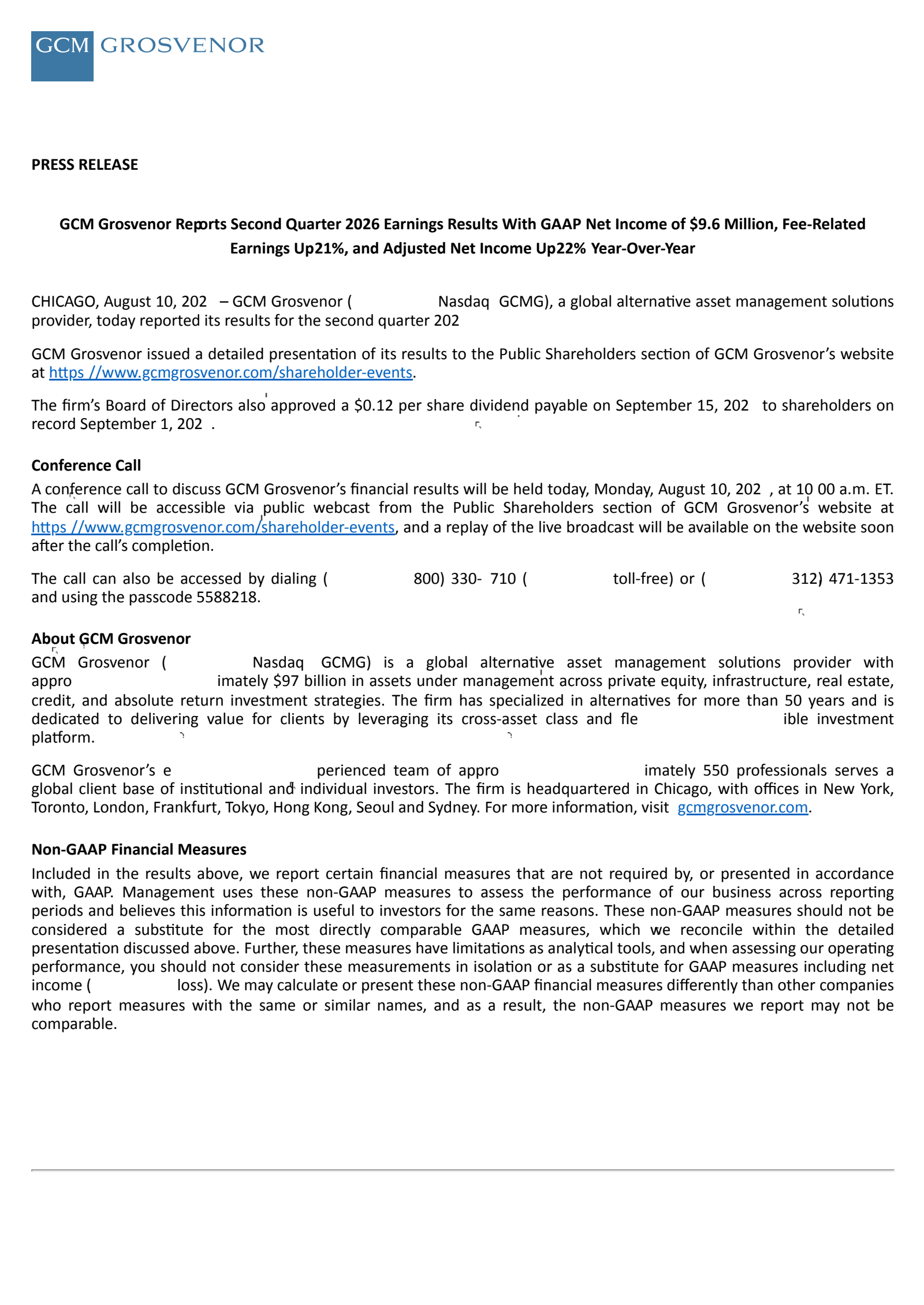 GCM Grosvenor's Q2 2026 Press Release
