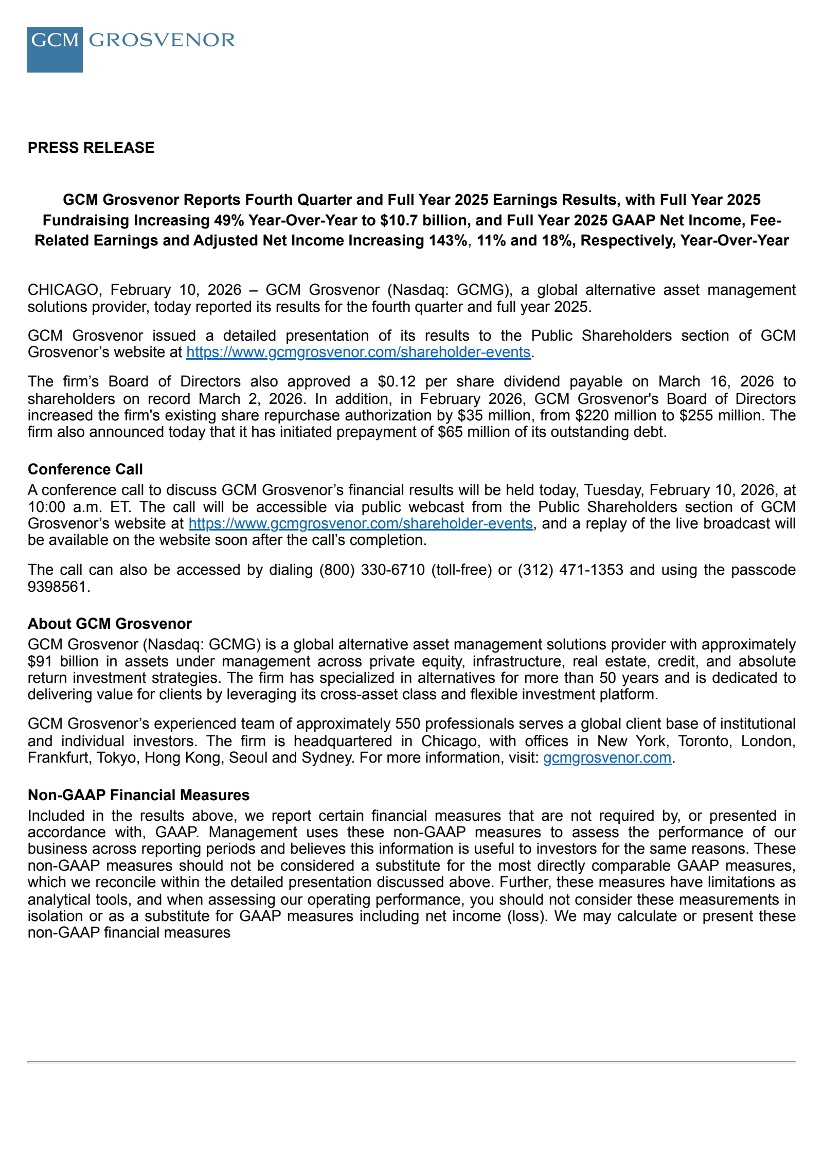 GCM Grosvenor's Q4 2025 Press Release