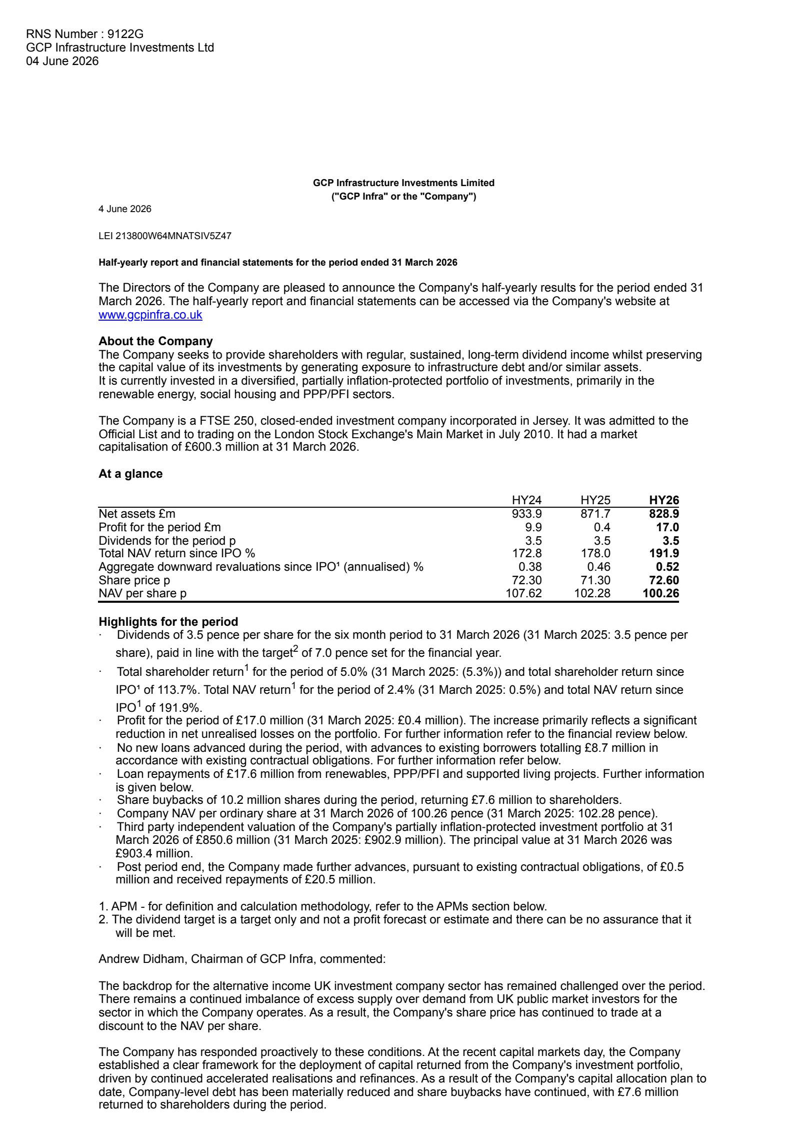 GCP Infrastructure Investments' H1 2026 Interim report