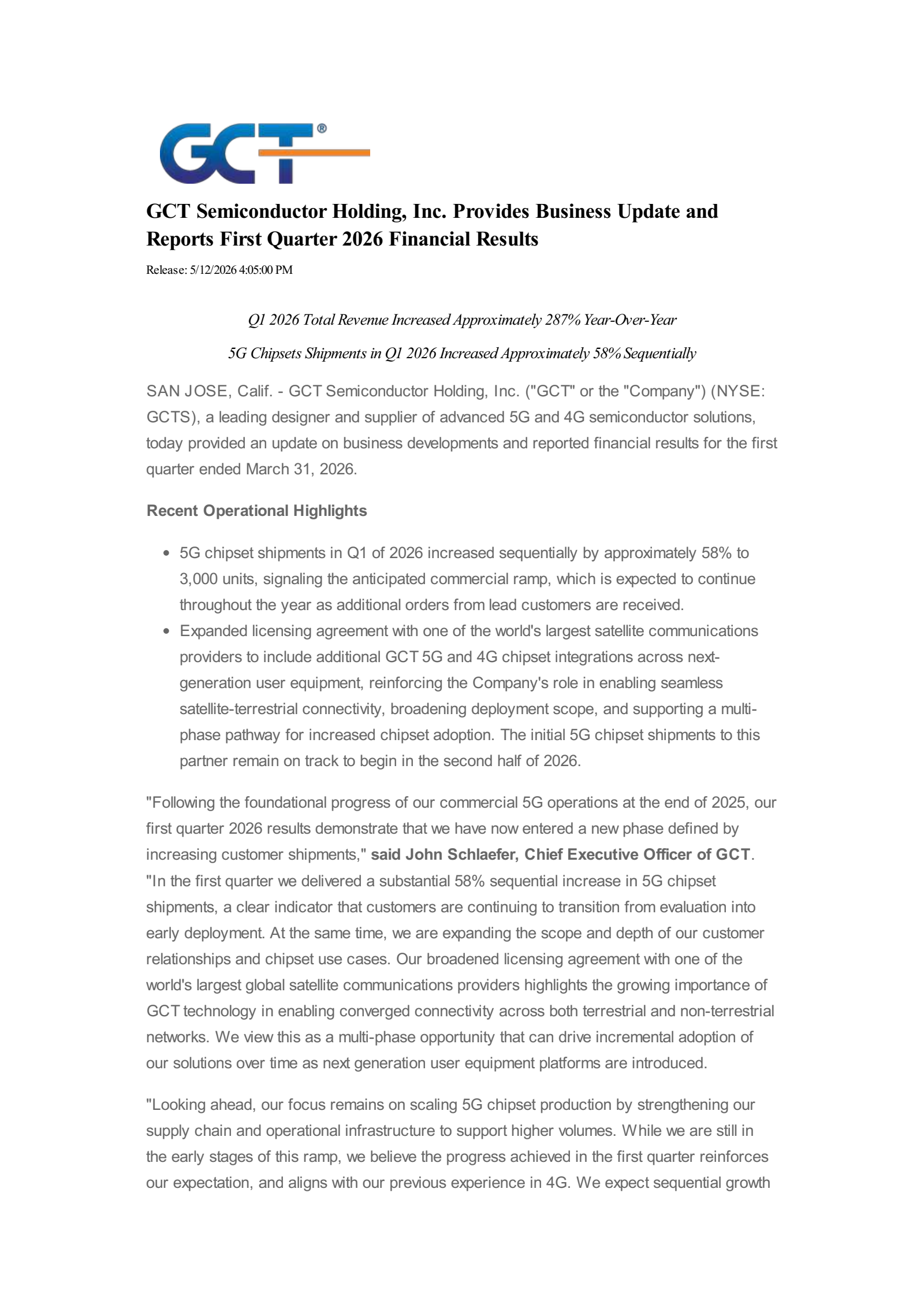 GCT Semiconductor's Q1 2026 Press Release