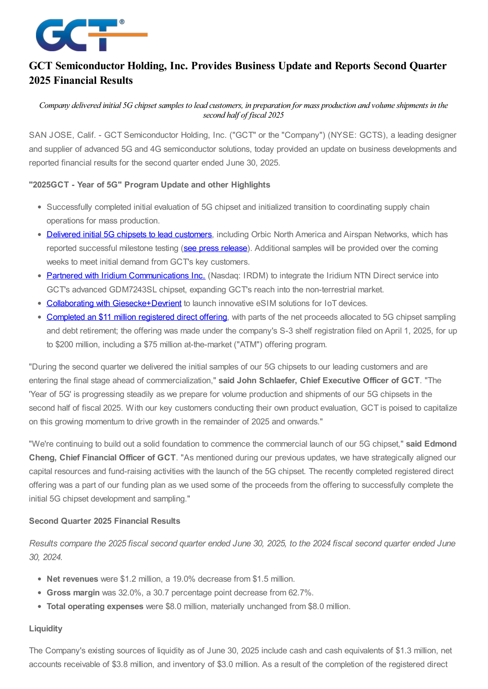GCT Semiconductor's Q2 2025 Press Release