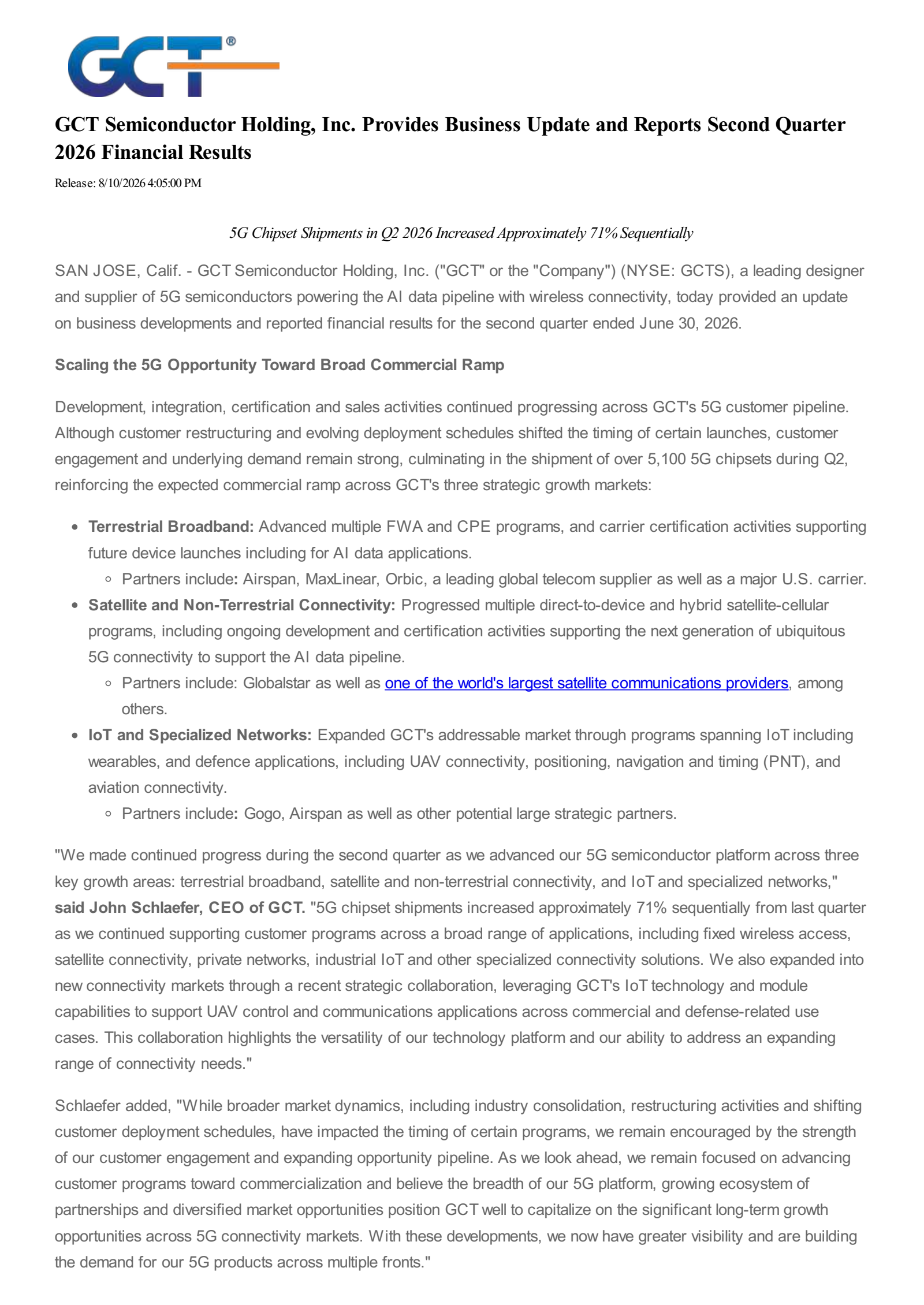 GCT Semiconductor's Q2 2026 Press Release