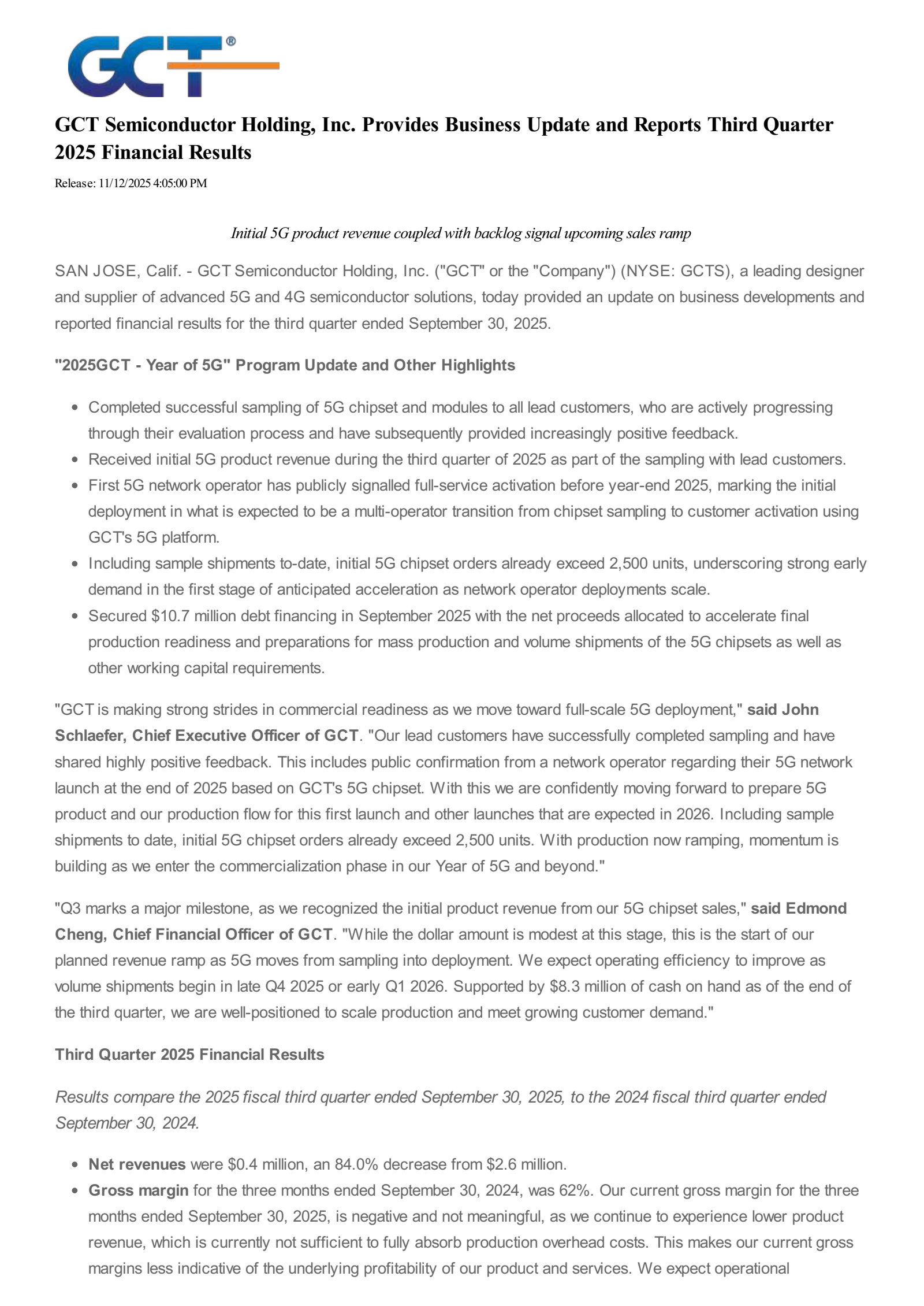 GCT Semiconductor's Q3 2025 Earnings Release