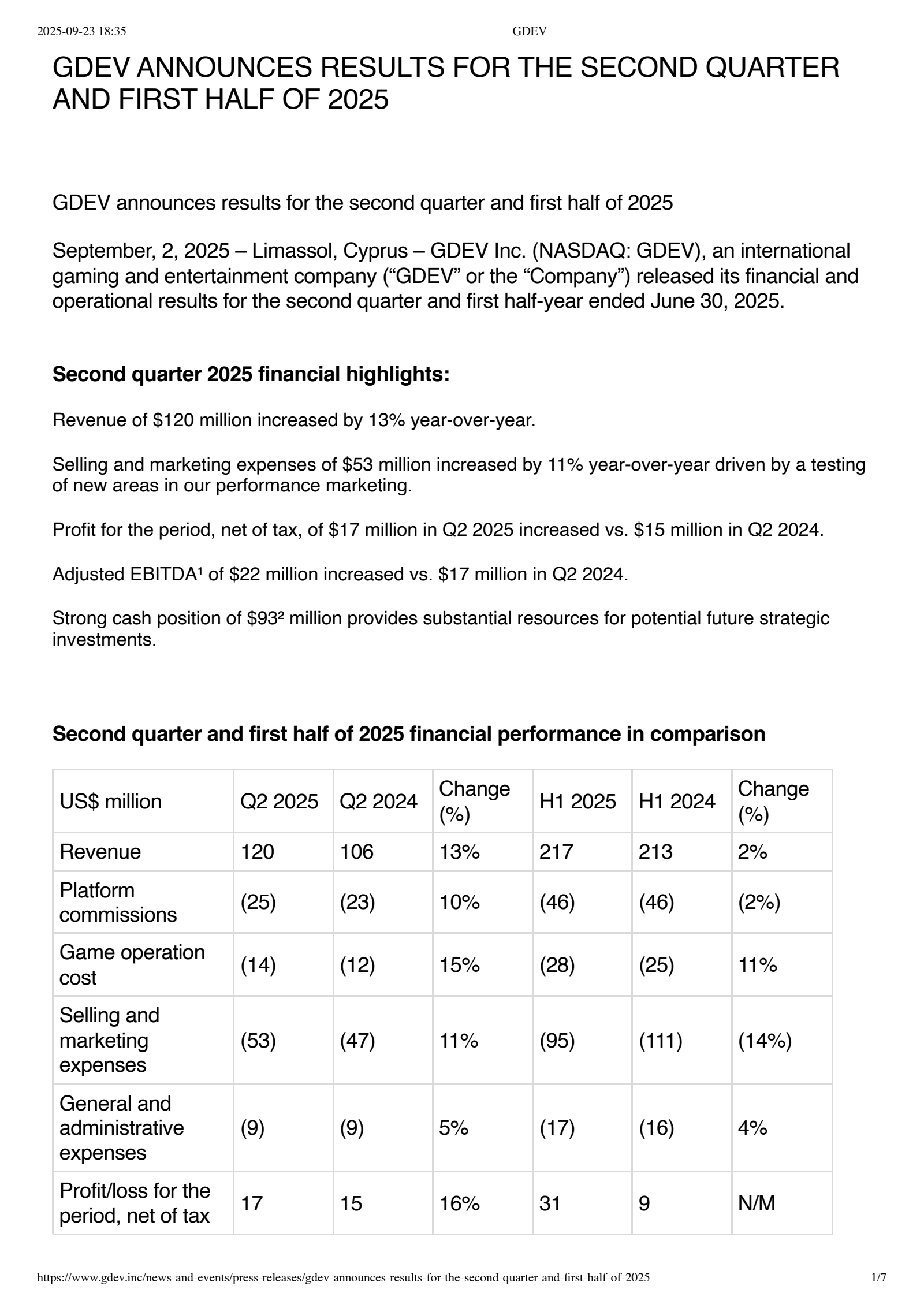 GDEV's Q2 2025 Earnings Release