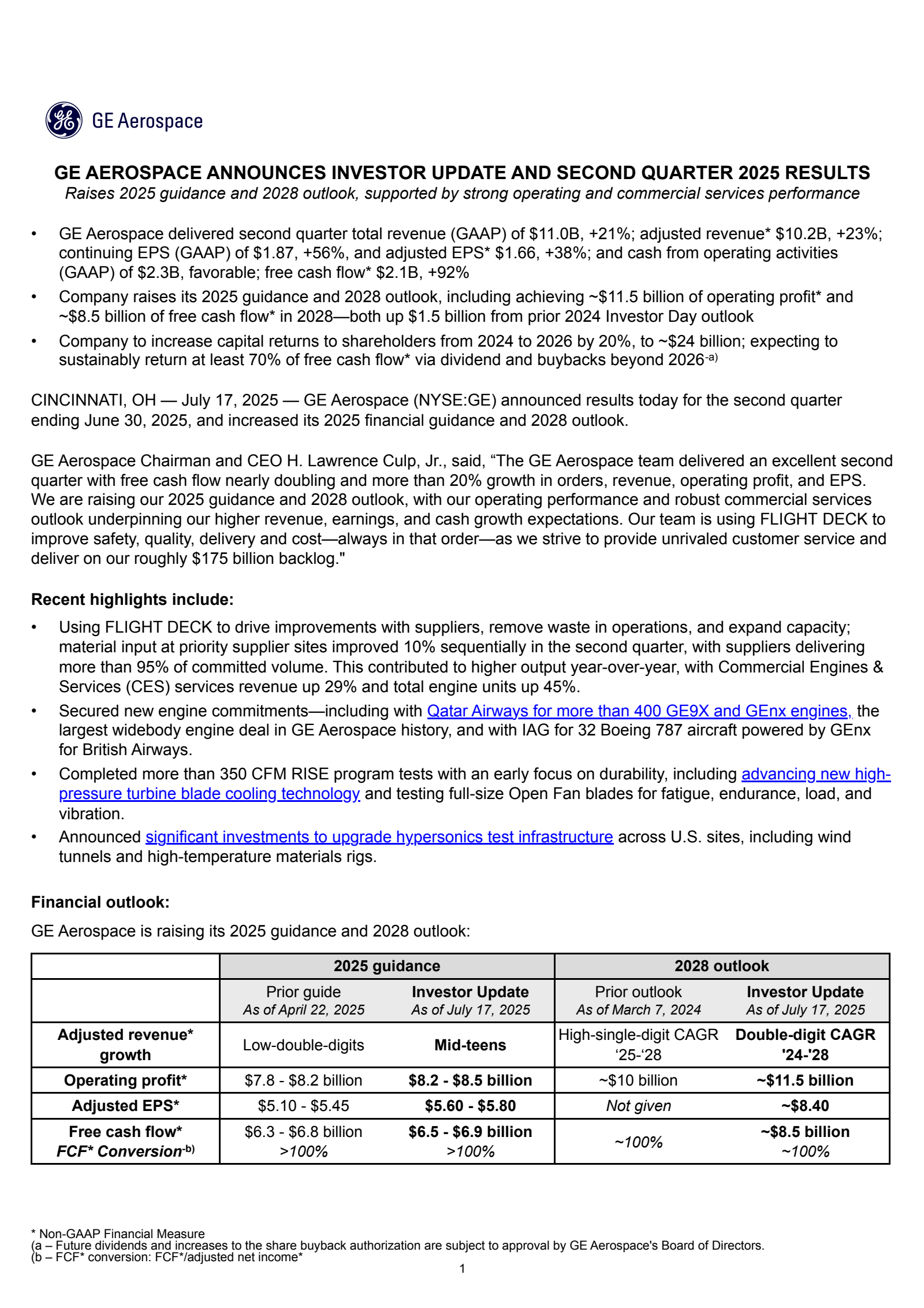 GE Aerospace's Q2 2025 Press Release
