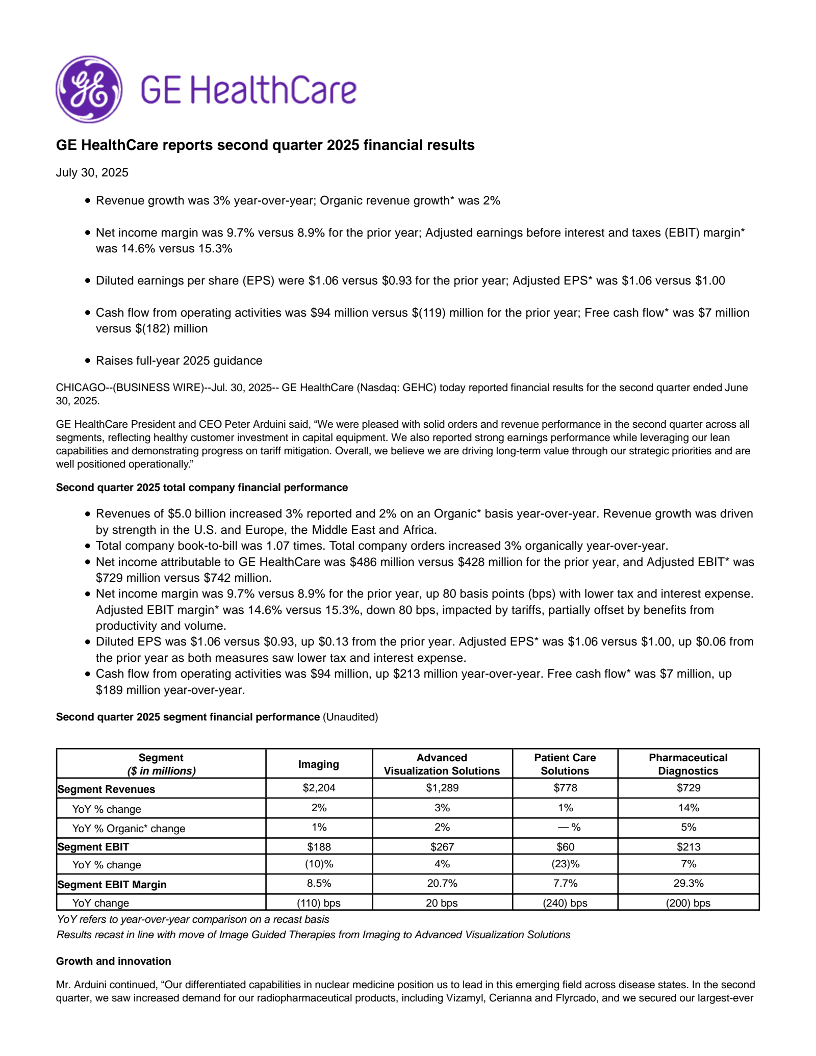 GE HealthCare Technologies' Q2 2025 Press Release