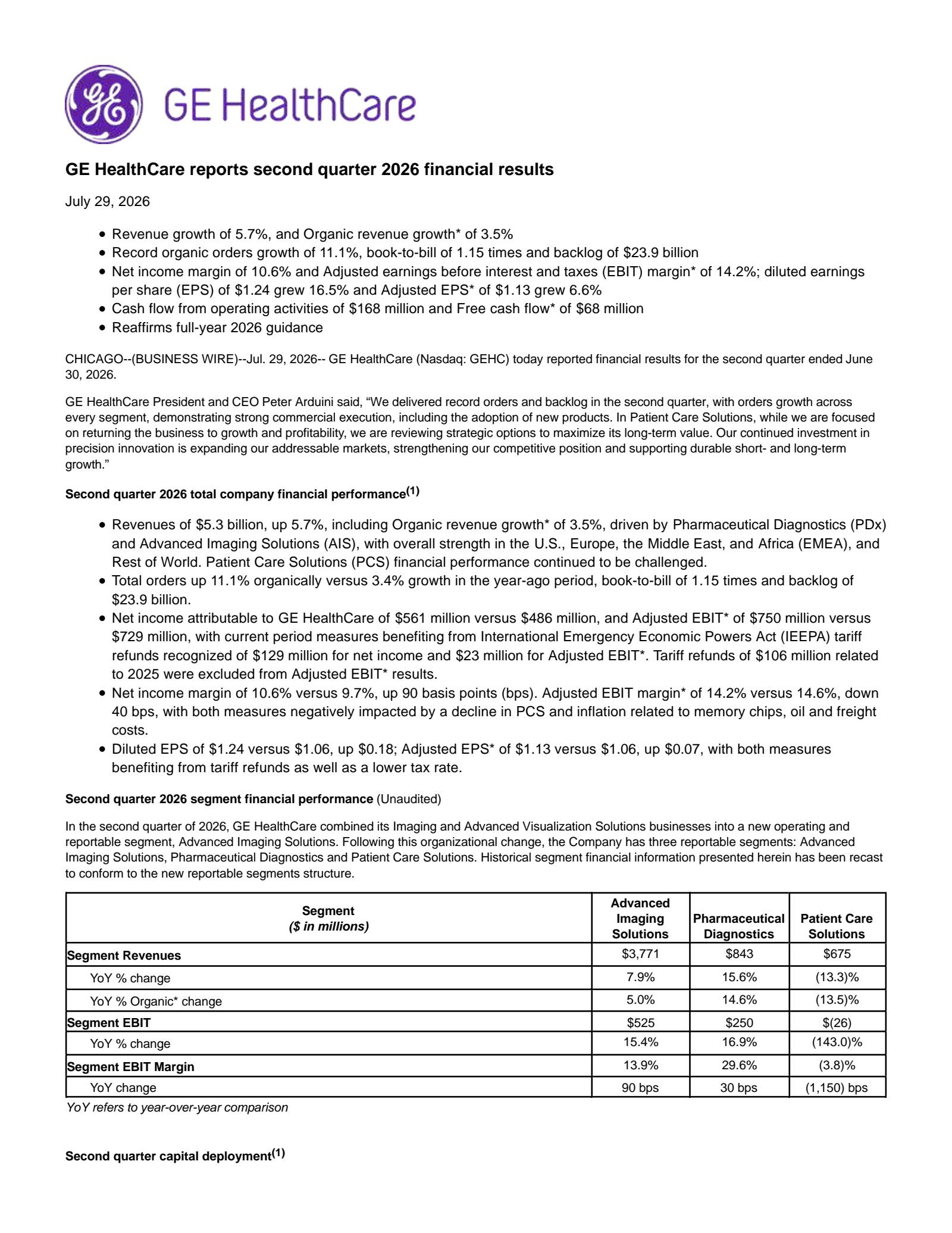 GE HealthCare Technologies' Q2 2026 Press Release