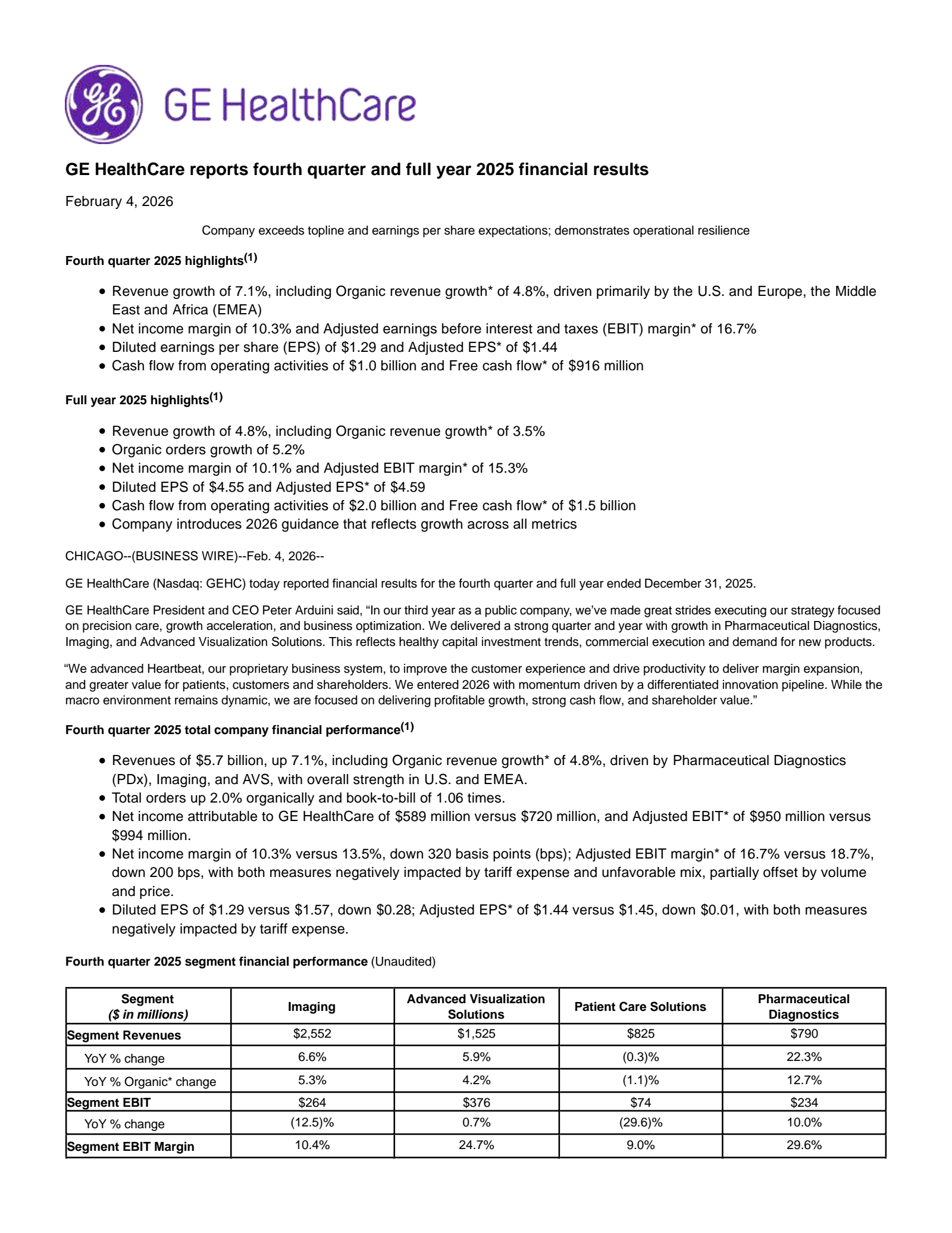 GE HealthCare Technologies' Q4 2025 Press Release