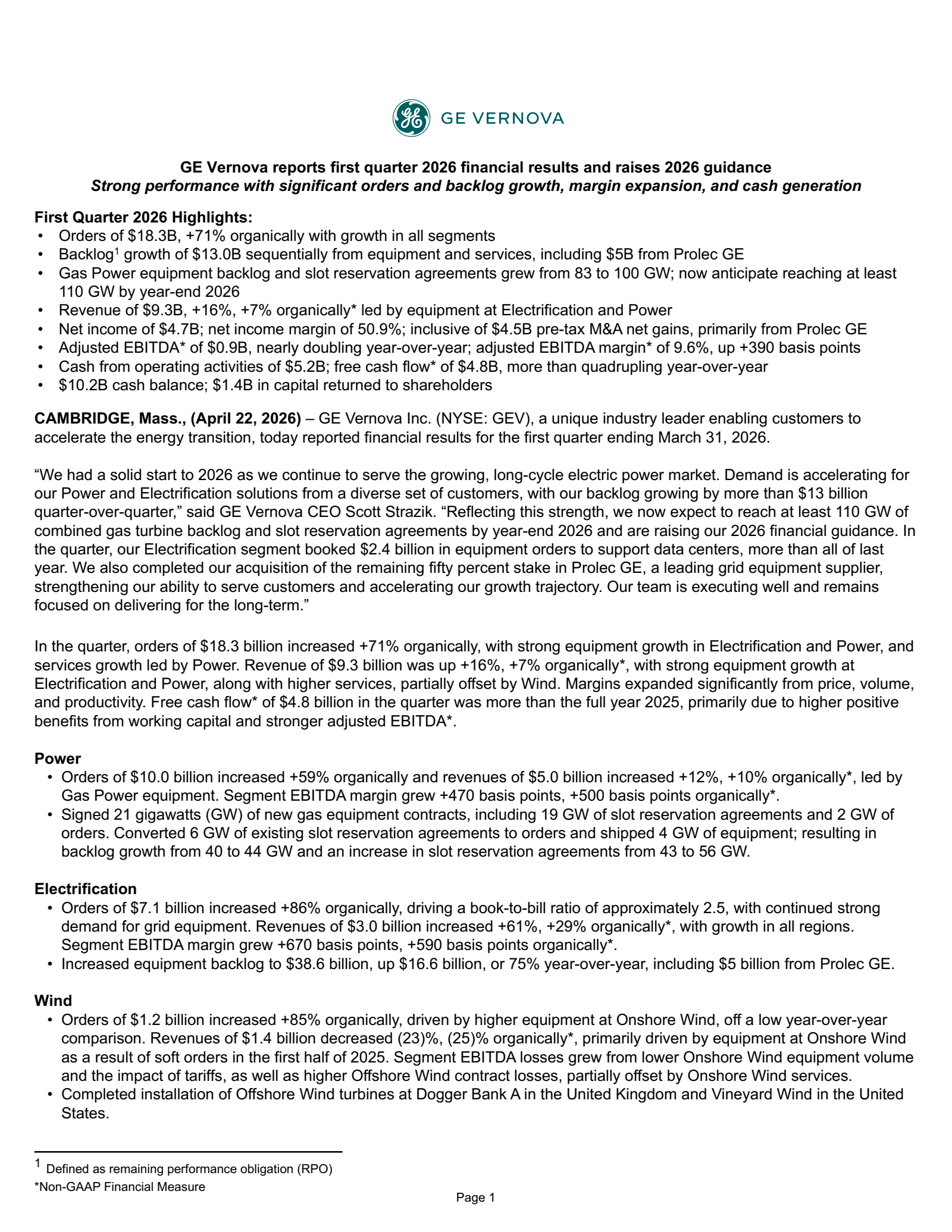 GE Vernova's Q1 2026 Press Release