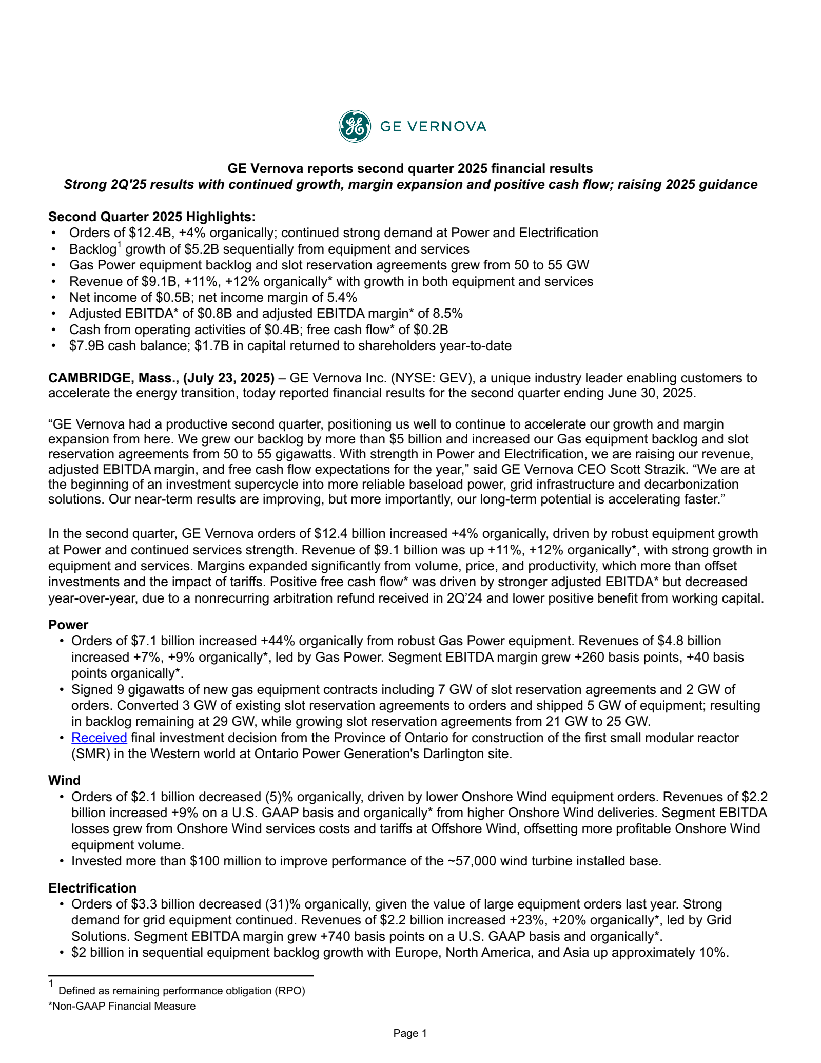 GE Vernova's Q2 2025 Press Release