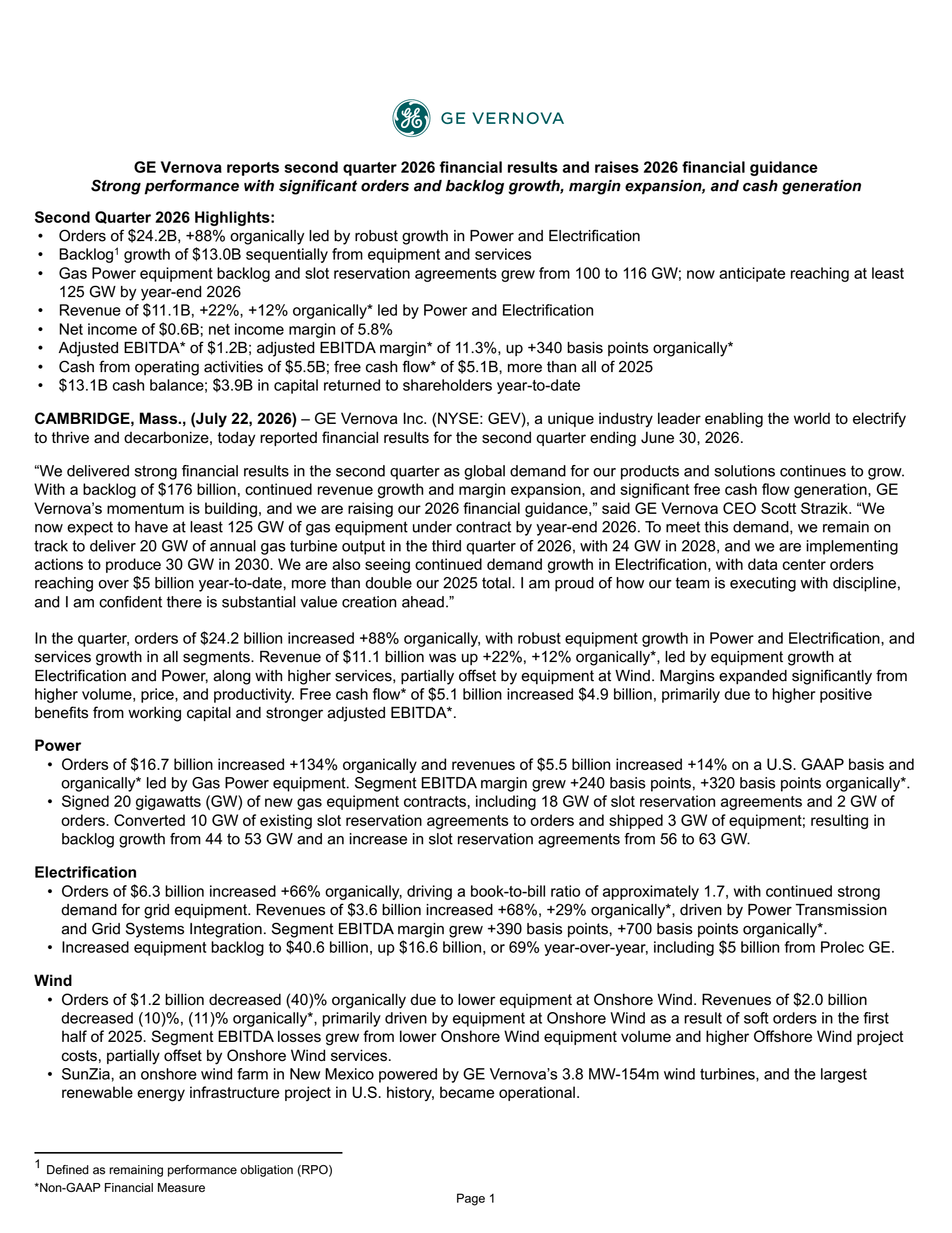 GE Vernova's Q2 2026 Press Release