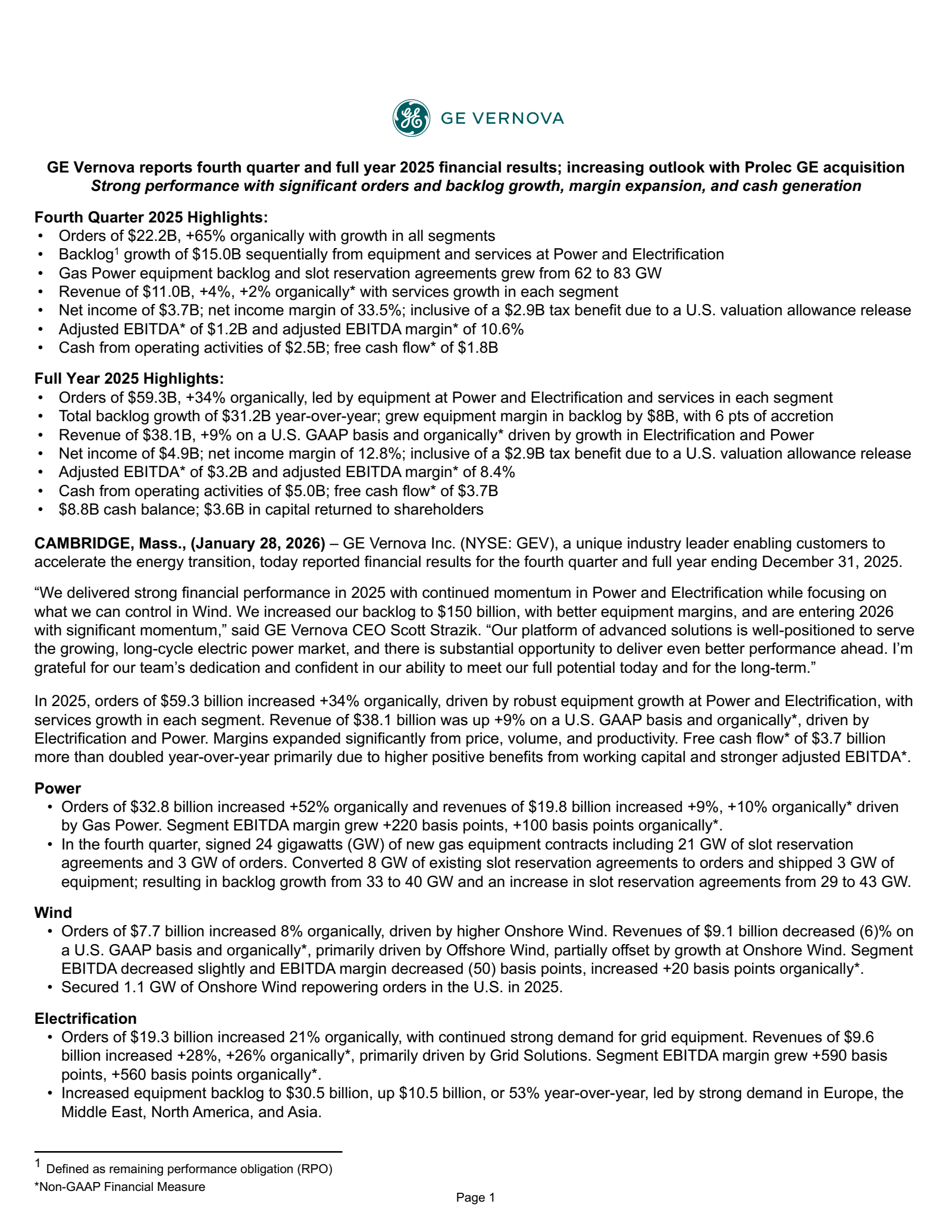 GE Vernova's Q4 2025 Press Release