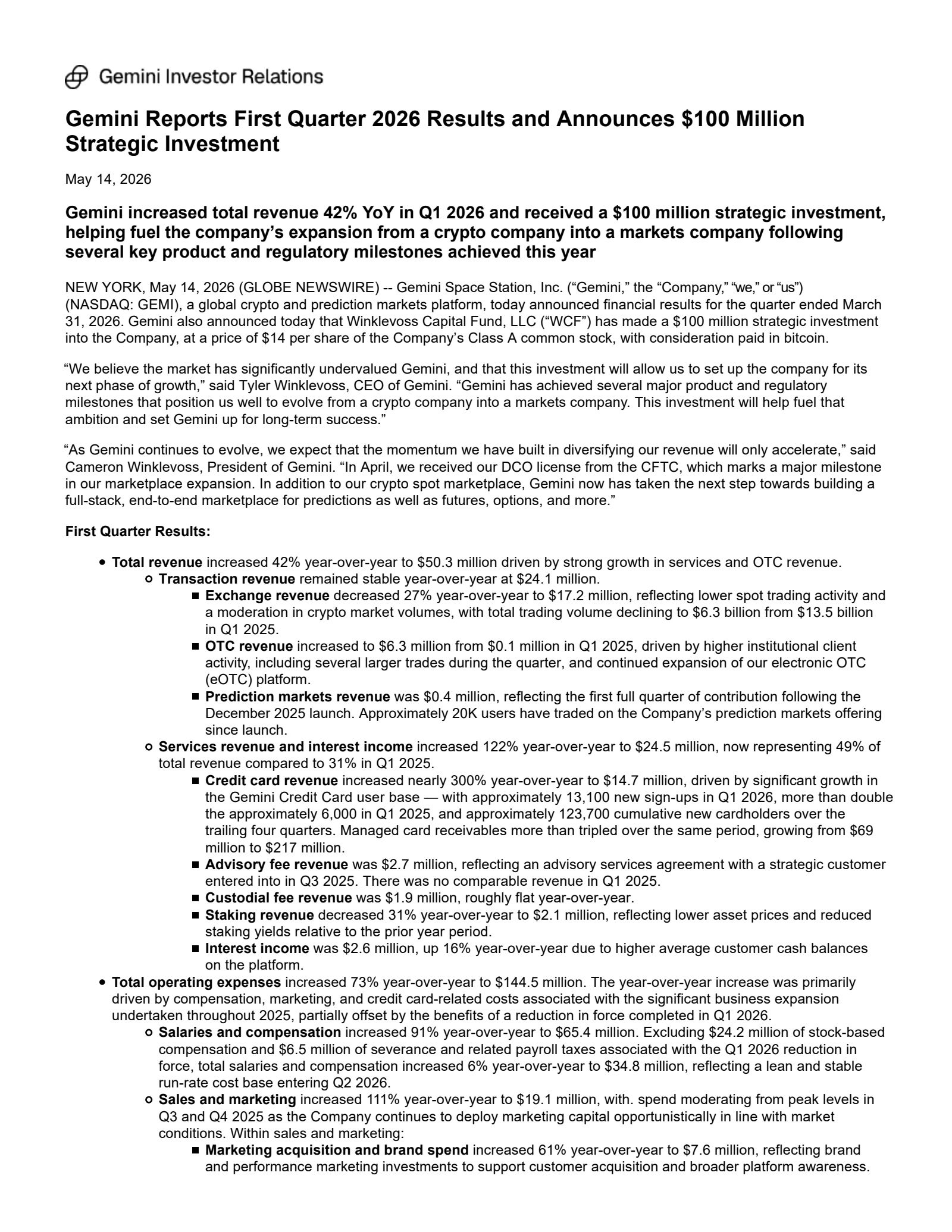 Gemini Space Station's Q1 2026 Press Release