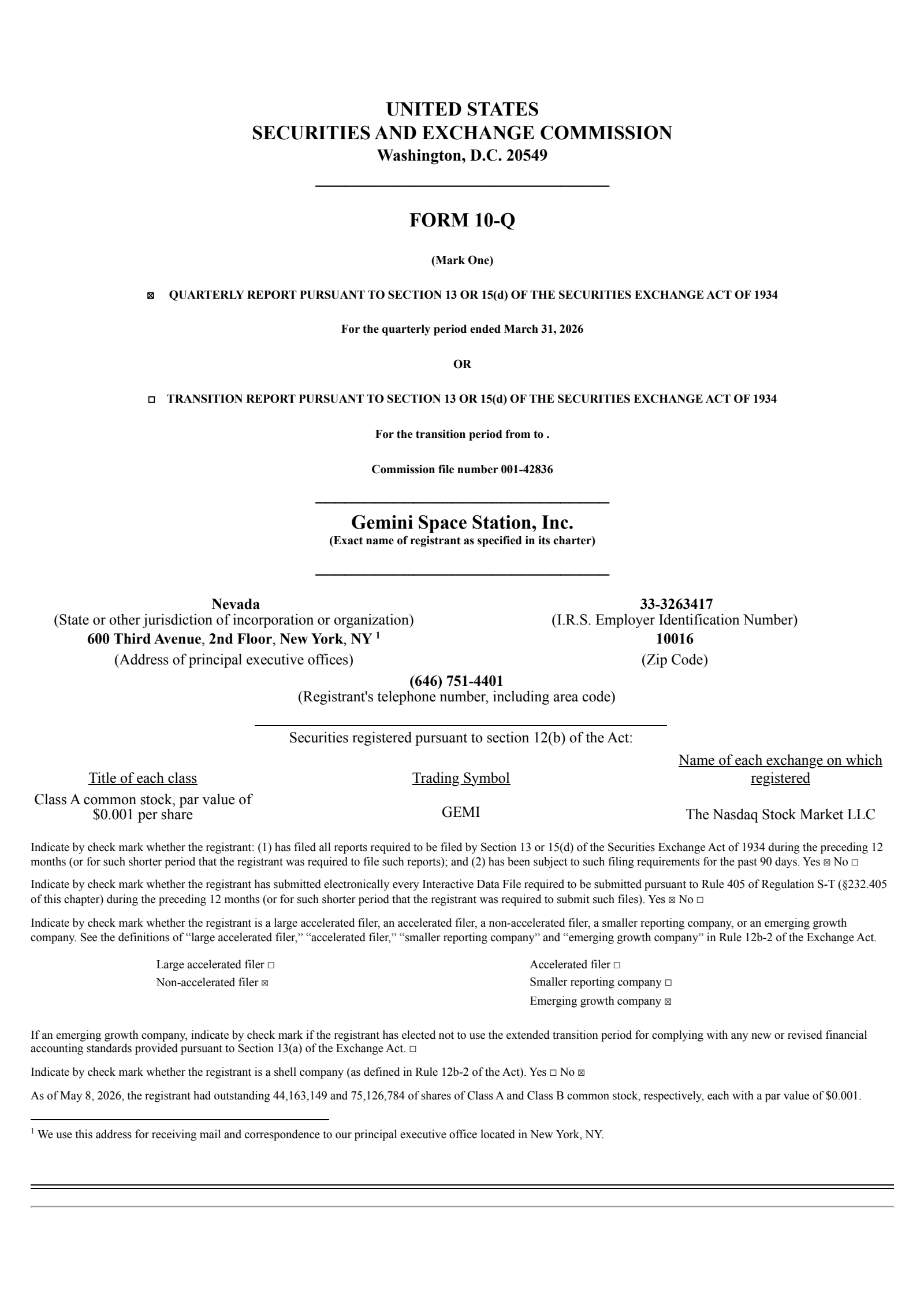 Gemini Space Station's Q1 2026 Quarterly report