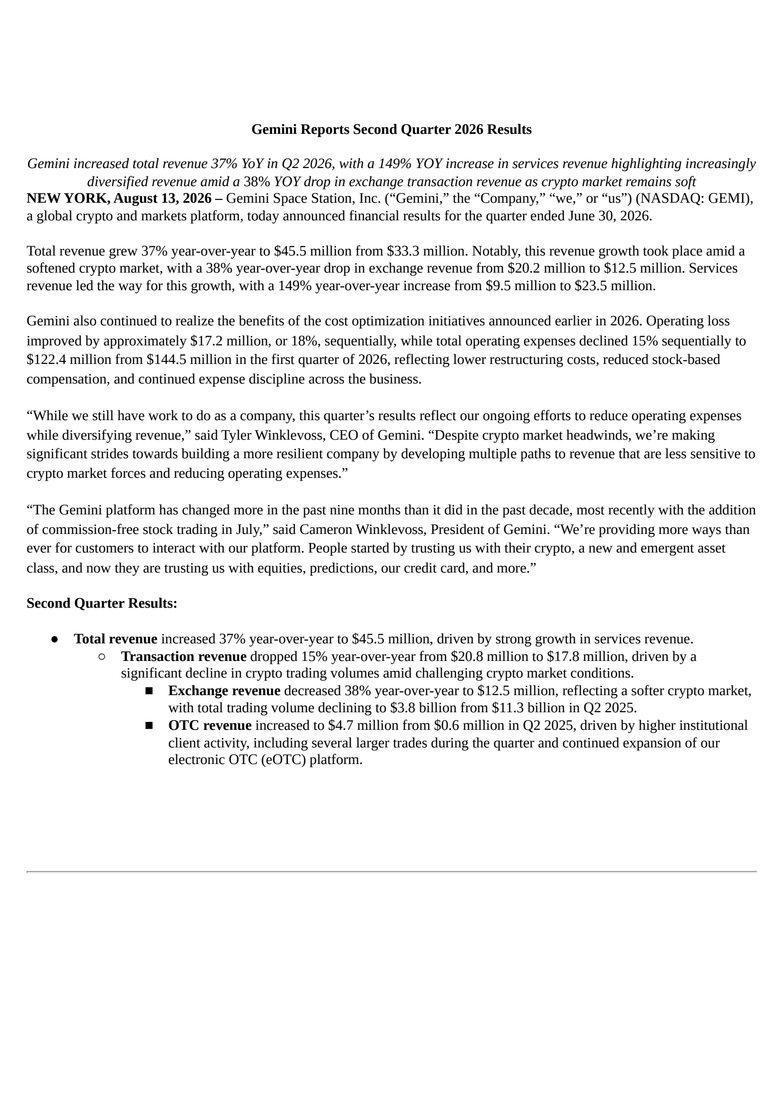 Gemini Space Station's Q2 2026 Press Release