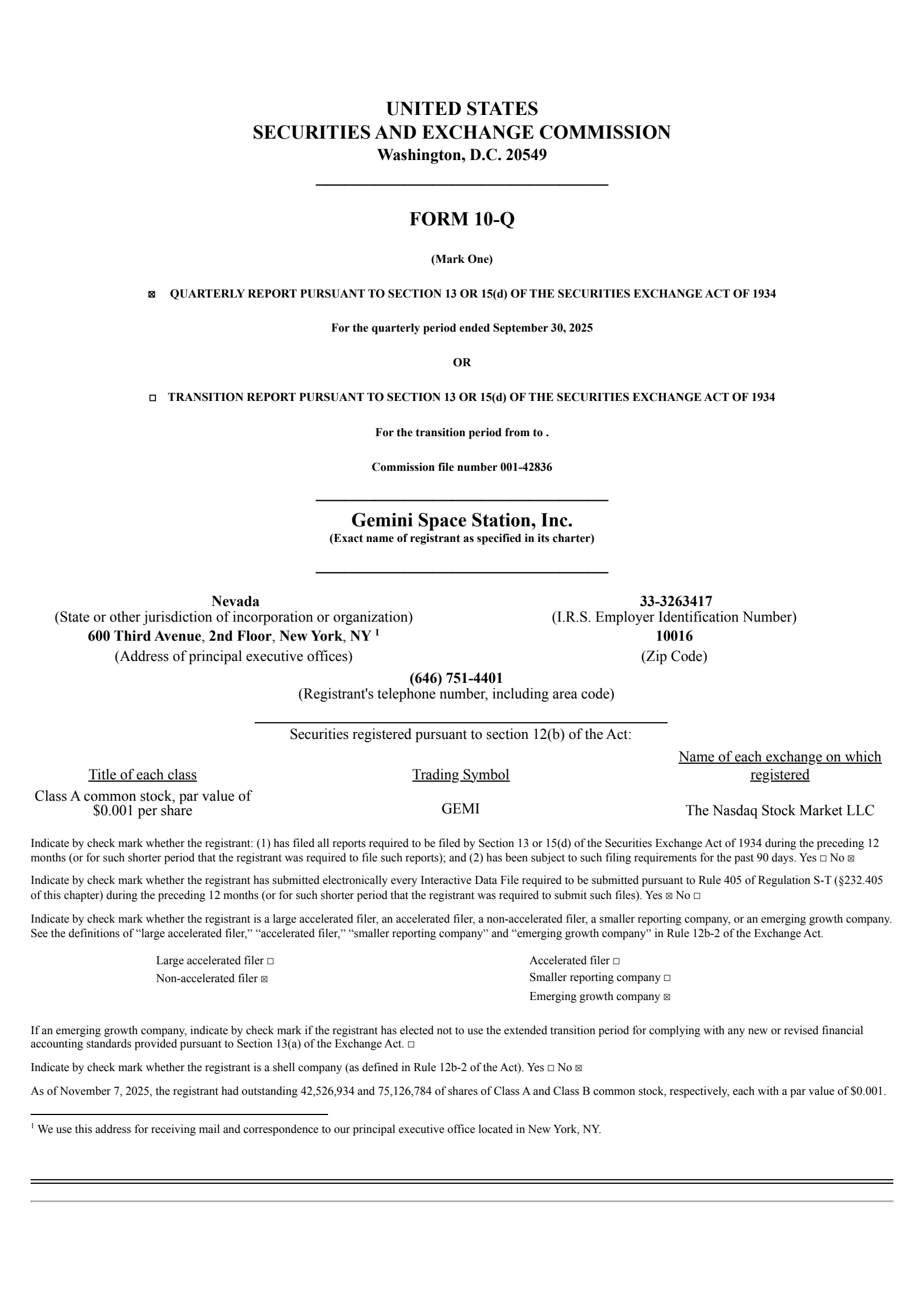 Gemini Space Station's Q3 2025 Quarterly Report
