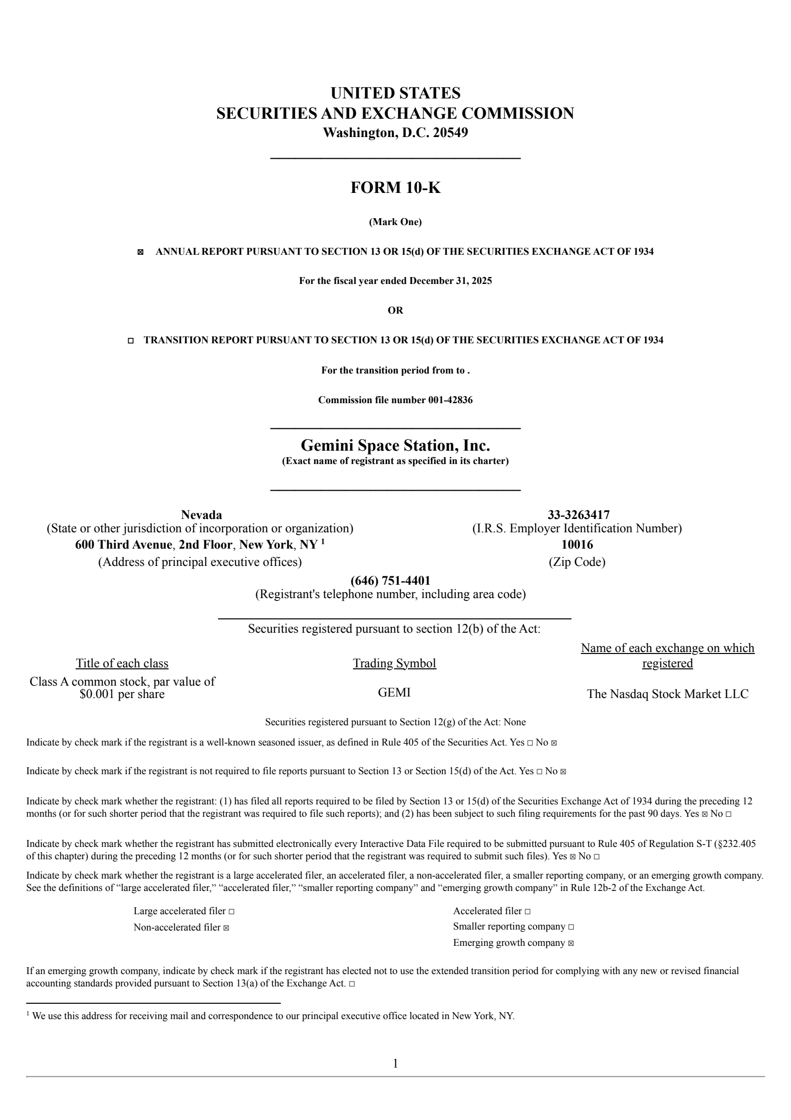 Gemini Space Station's Q4 2025 Annual report
