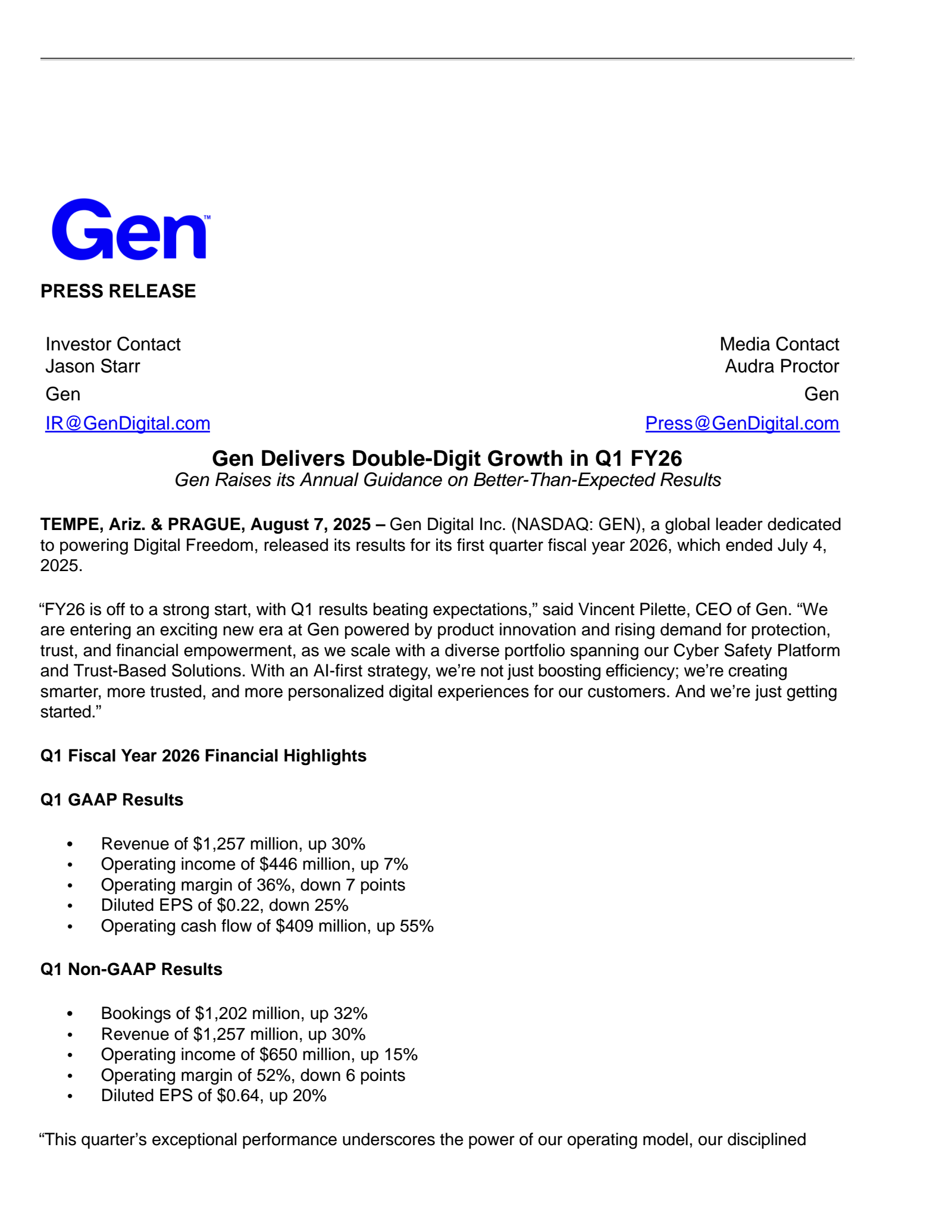 Gen Digital's Q1 2026 Press Release