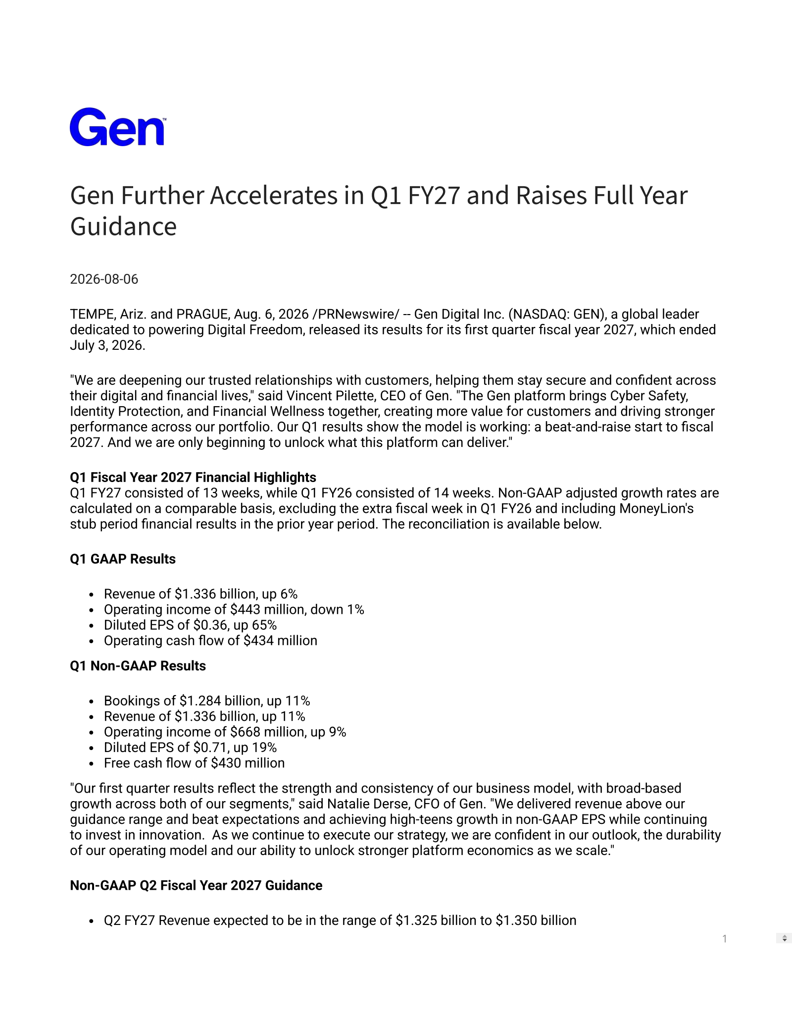 Gen Digital's Q1 2027 Press Release