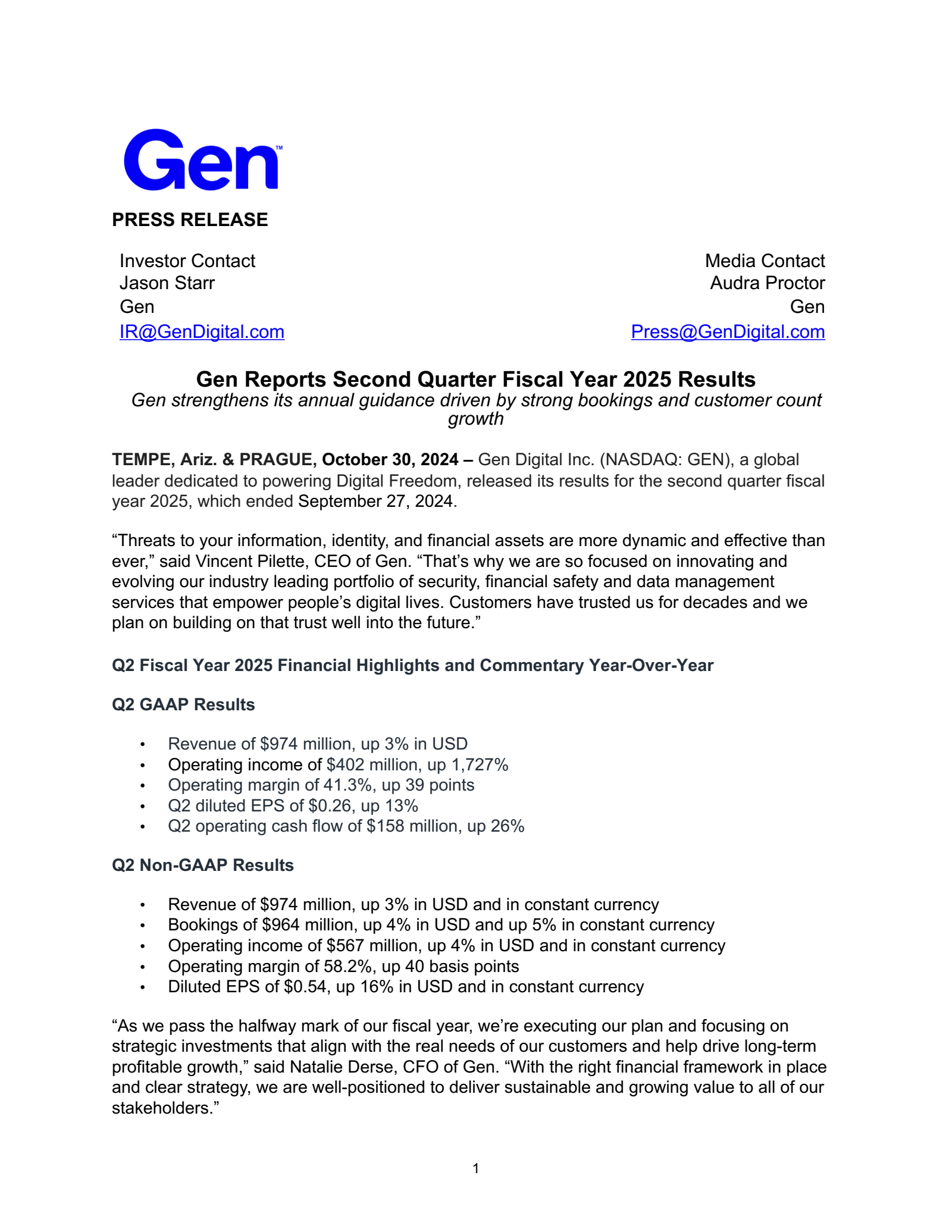 Gen Digital's Q2 2025 Press Release