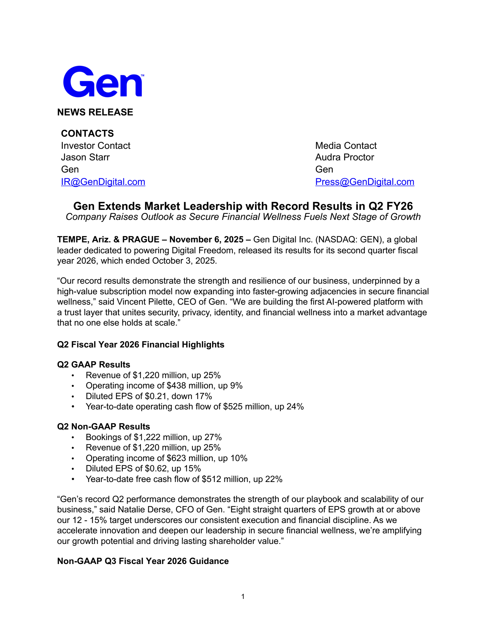 Gen Digital's Q2 2026 Earnings Release