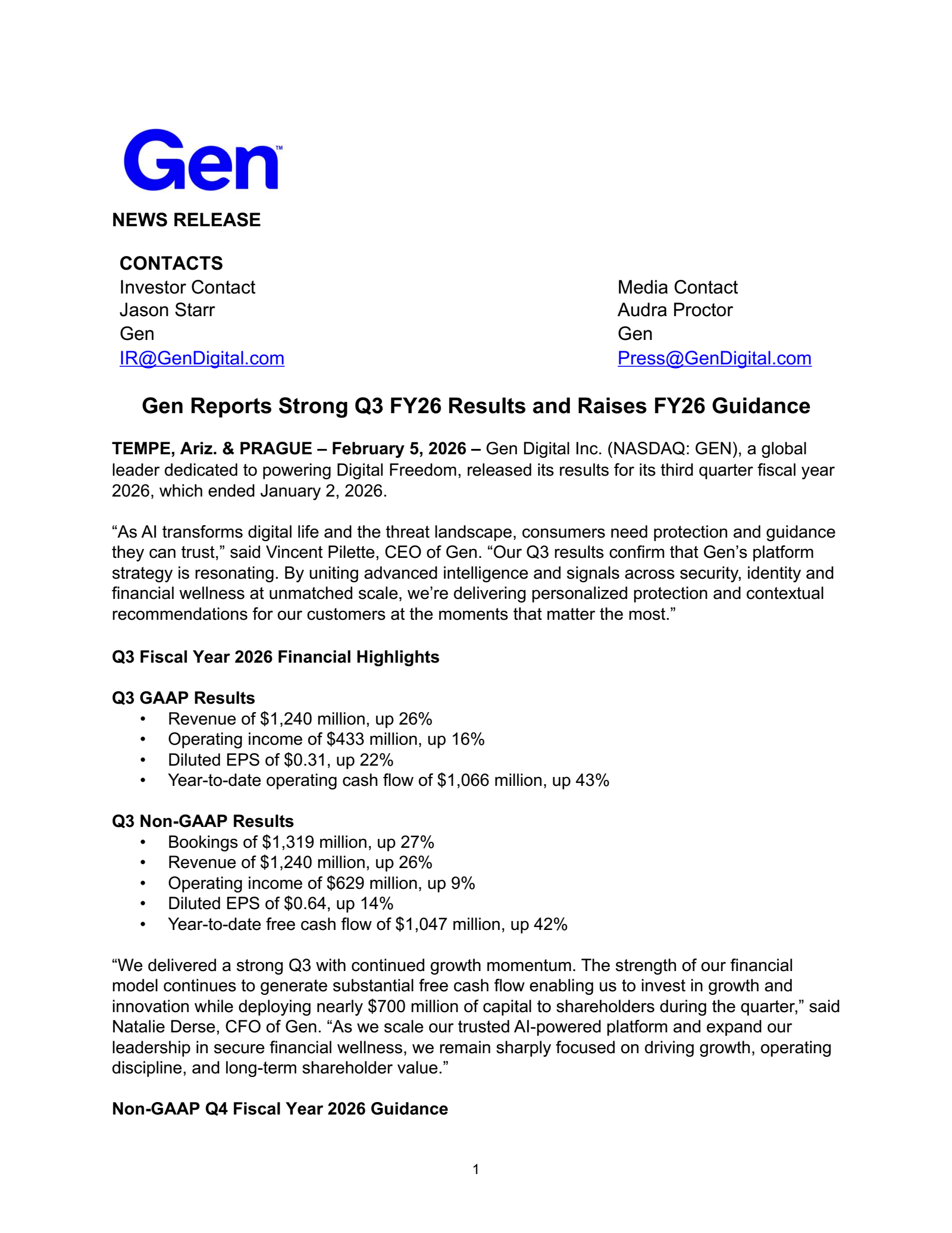 Gen Digital's Q3 2026 Press Release