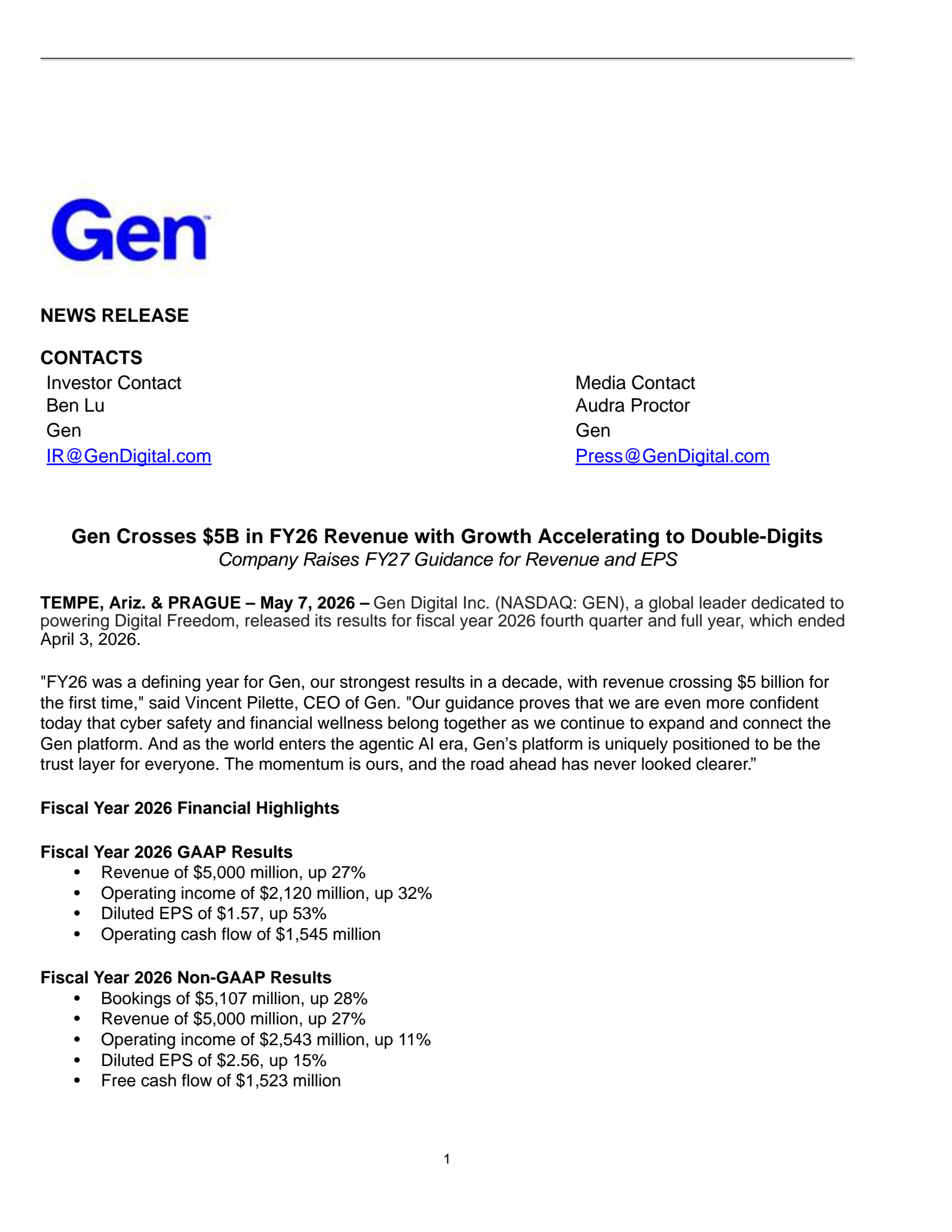 Gen Digital's Q4 2026 Press Release
