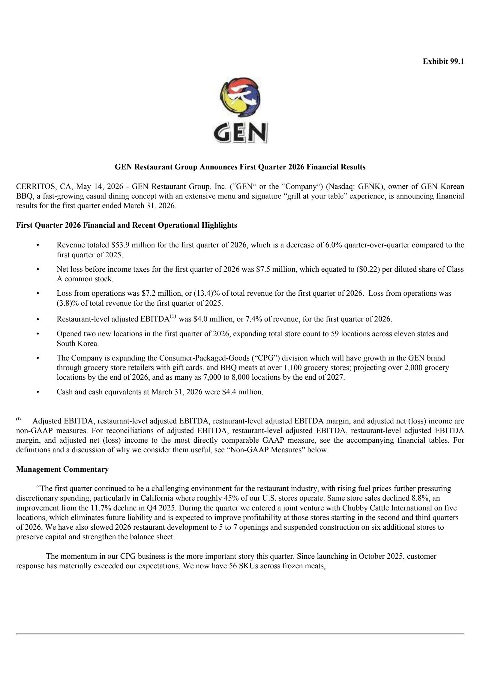 GEN Restaurant Group's Q1 2026 Press Release