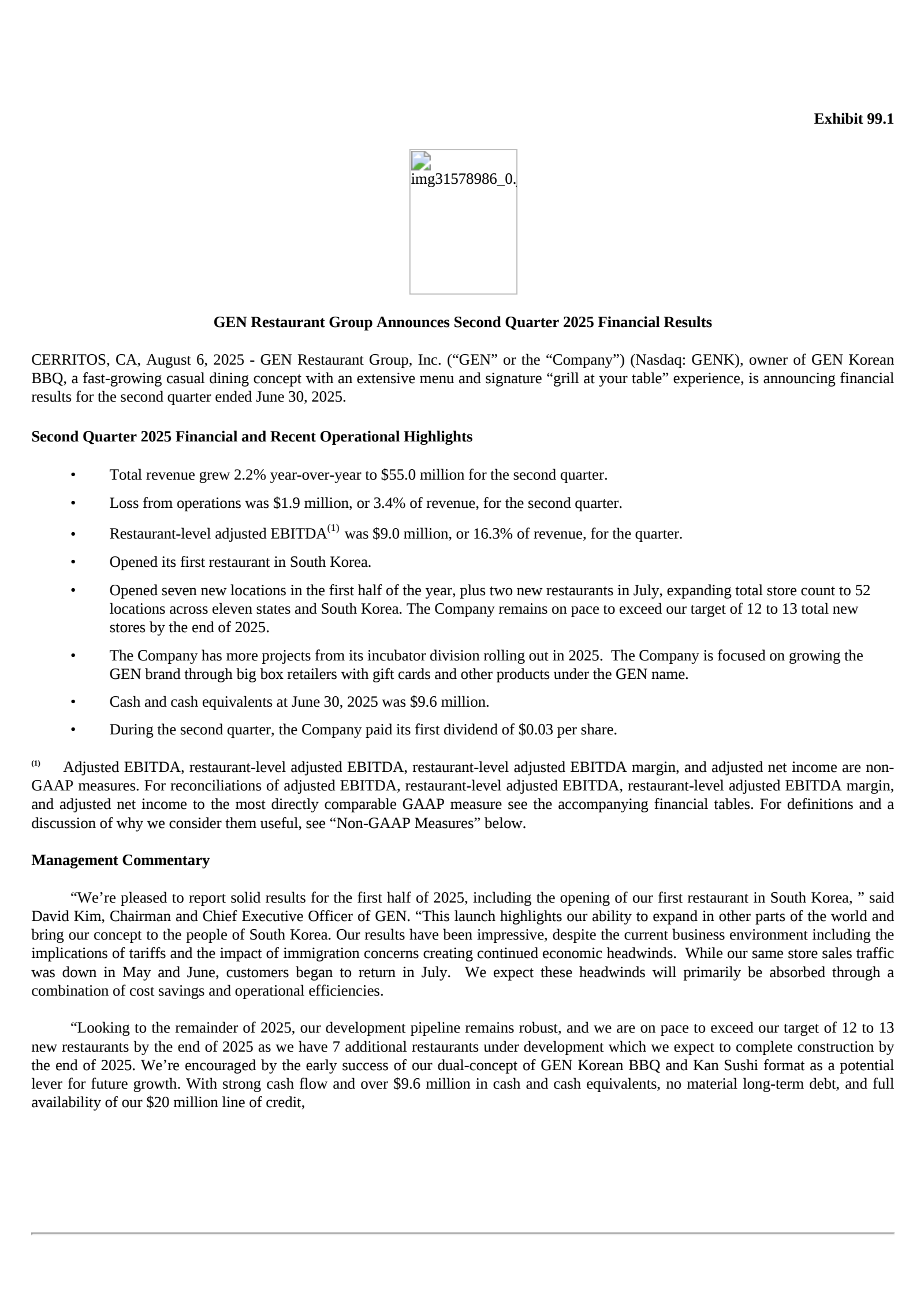 GEN Restaurant Group's Q2 2025 Press Release