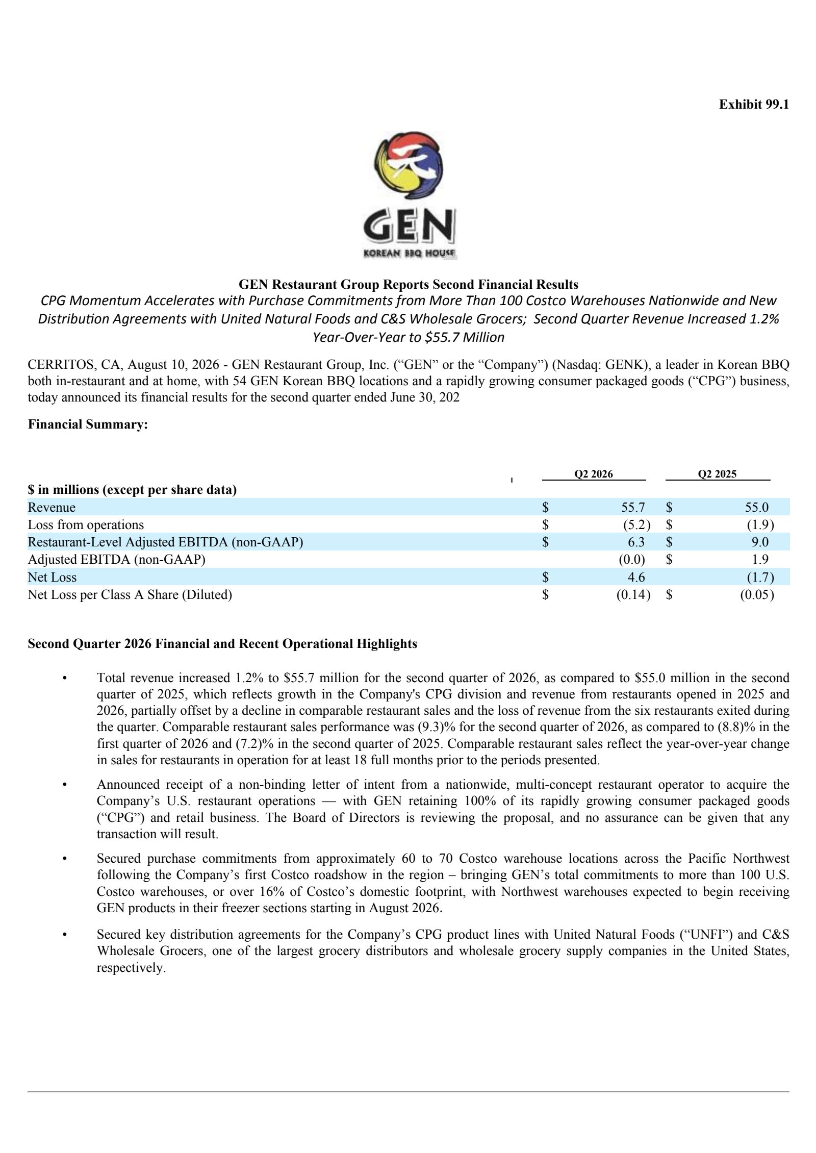 GEN Restaurant Group's Q2 2026 Press Release