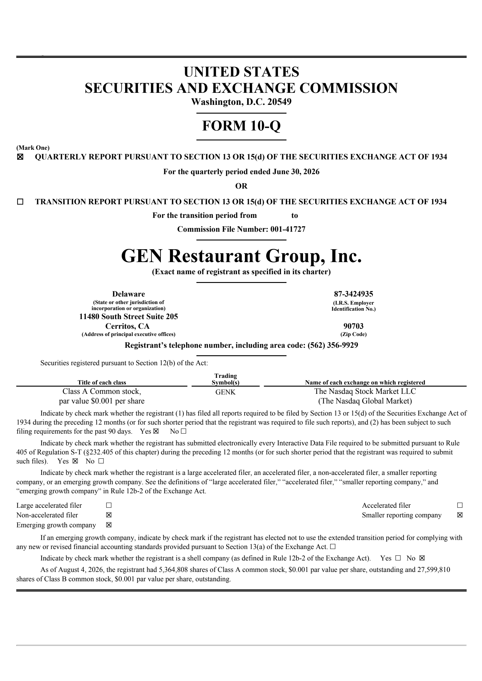 GEN Restaurant Group's Q2 2026 Quarterly report