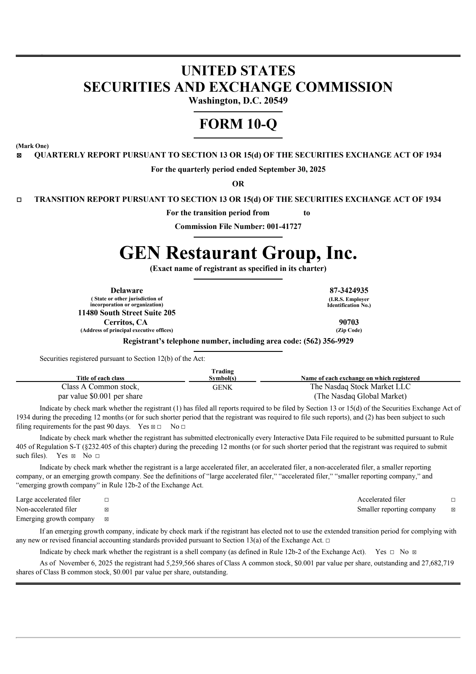 GEN Restaurant Group's Q3 2025 Quarterly Report