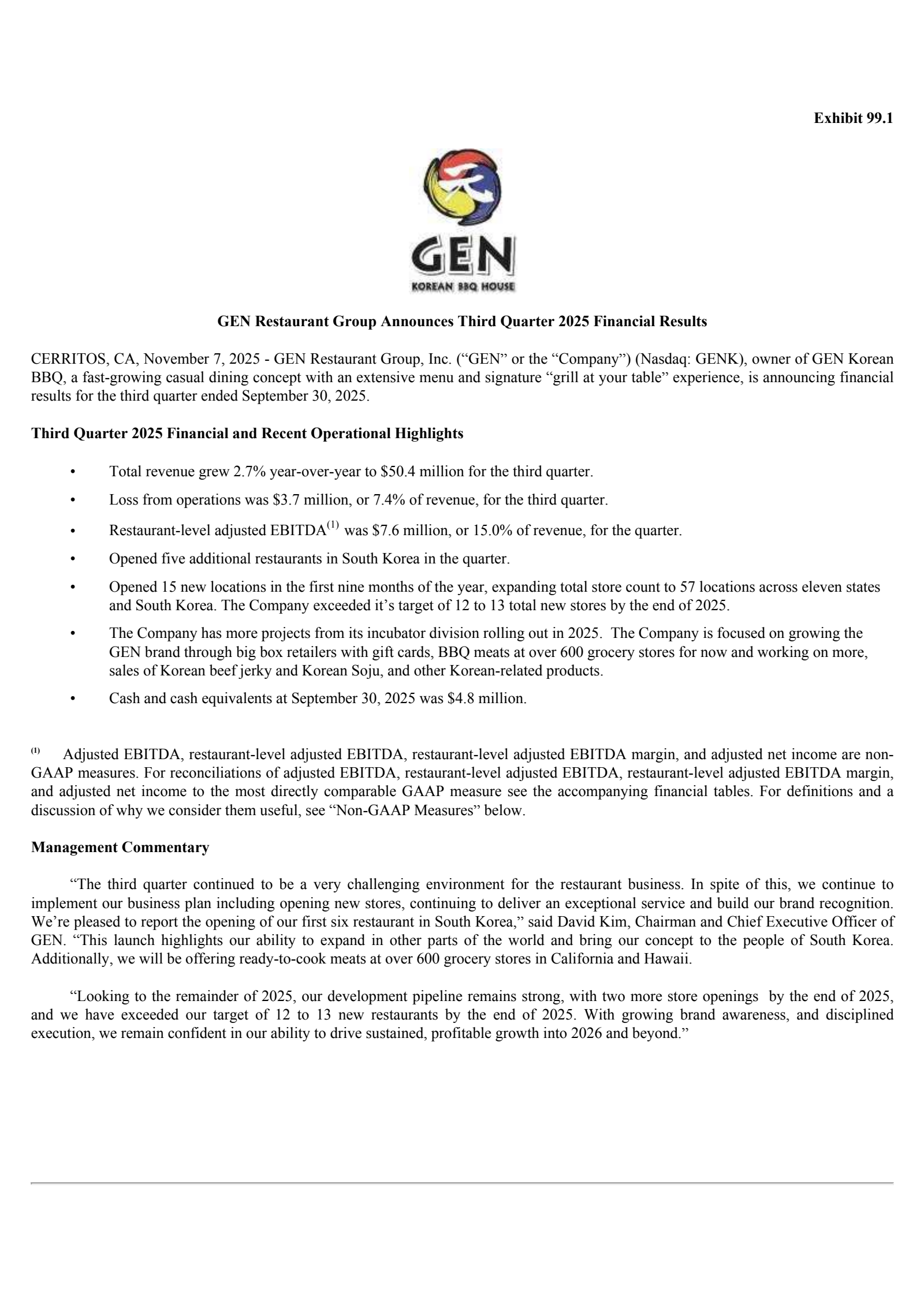 GEN Restaurant Group's Q3 2025 Earnings Release