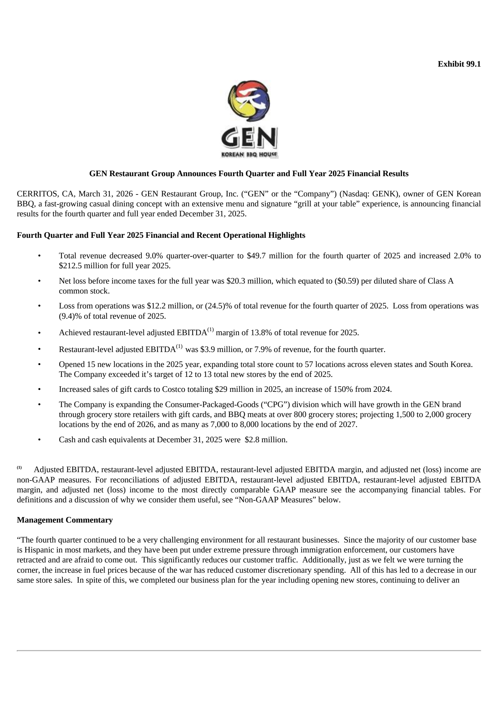 GEN Restaurant Group's Q4 2025 Press Release