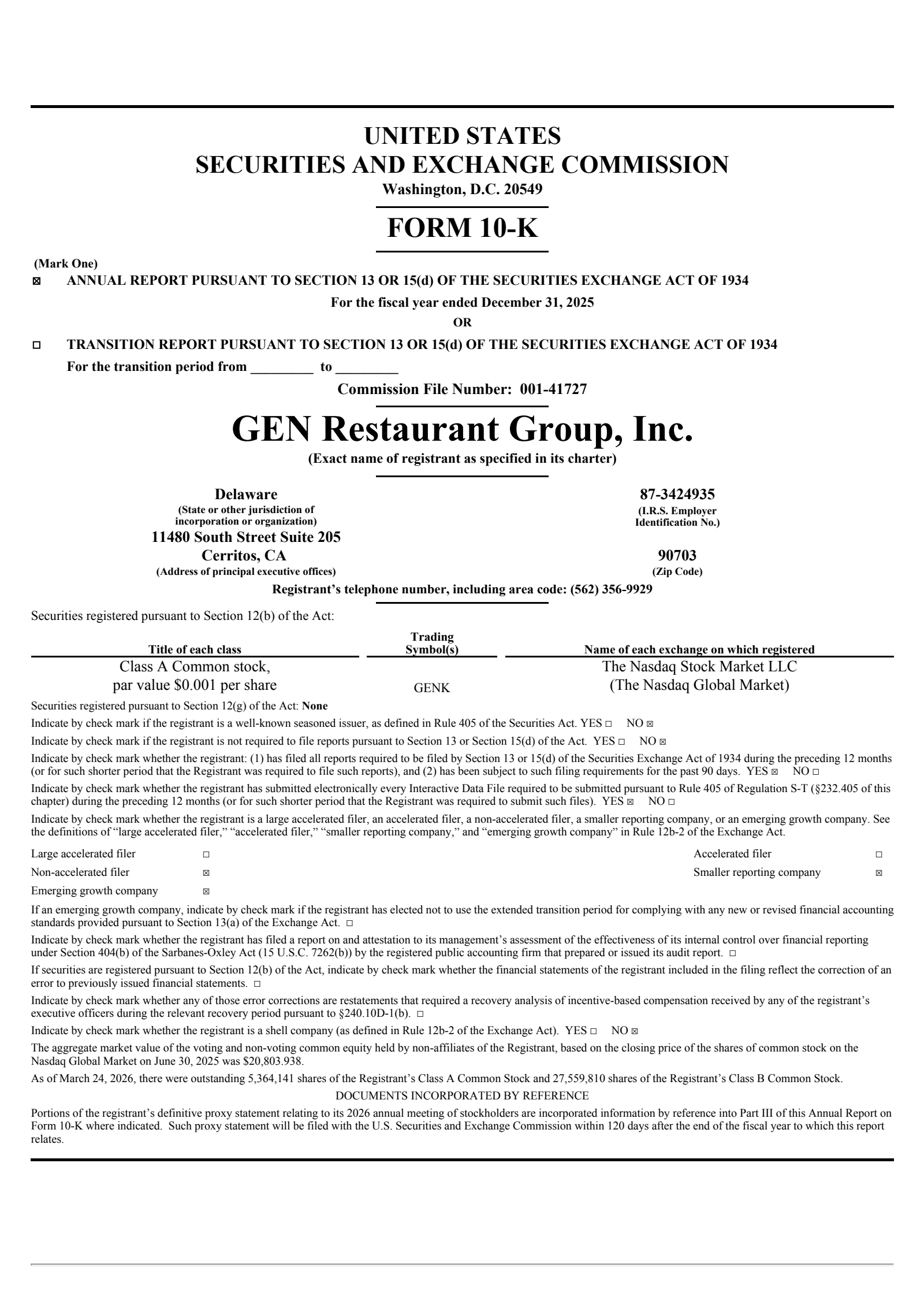GEN Restaurant Group's Q4 2025 Annual report