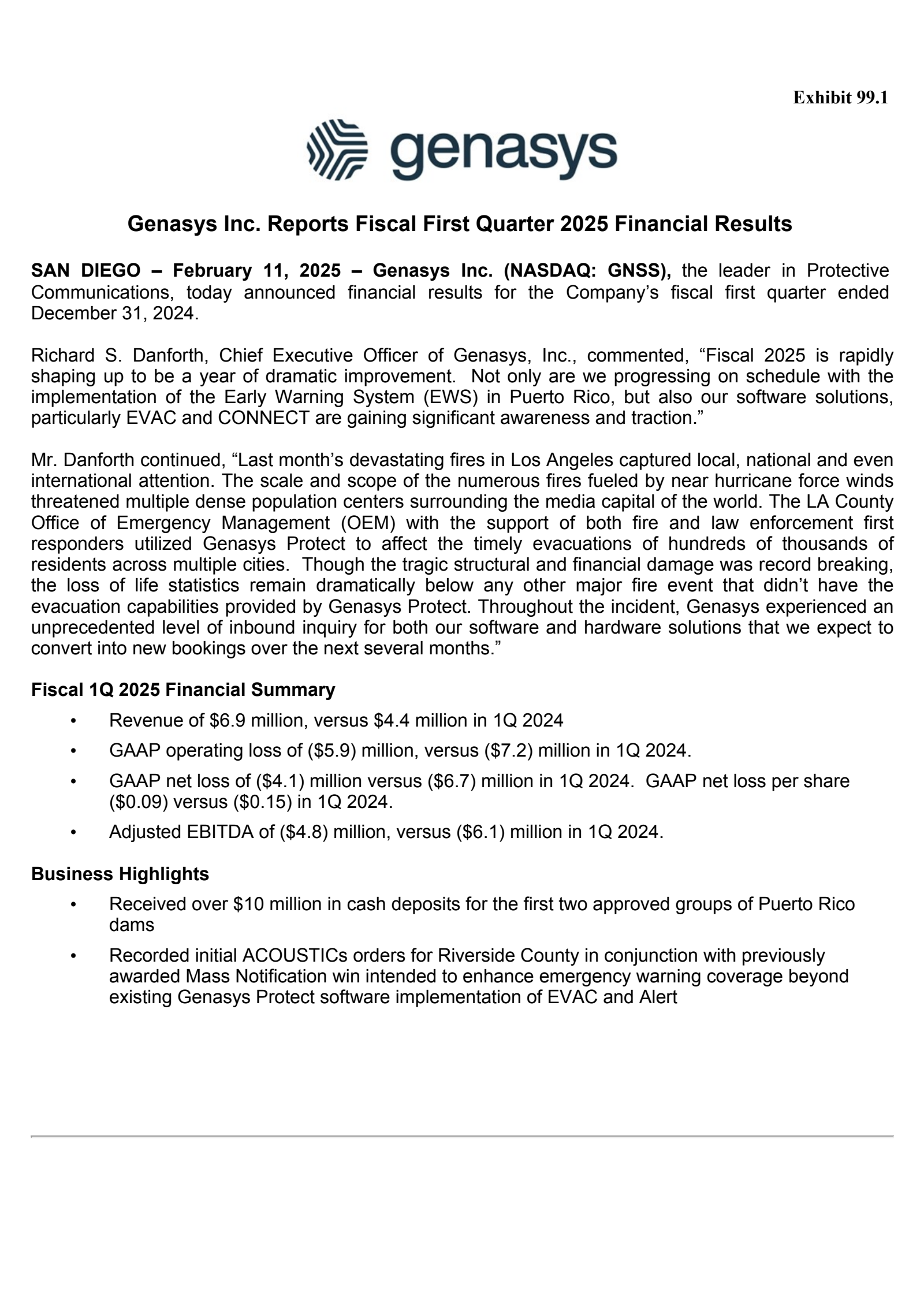 Genasys' Q1 2025 Press Release