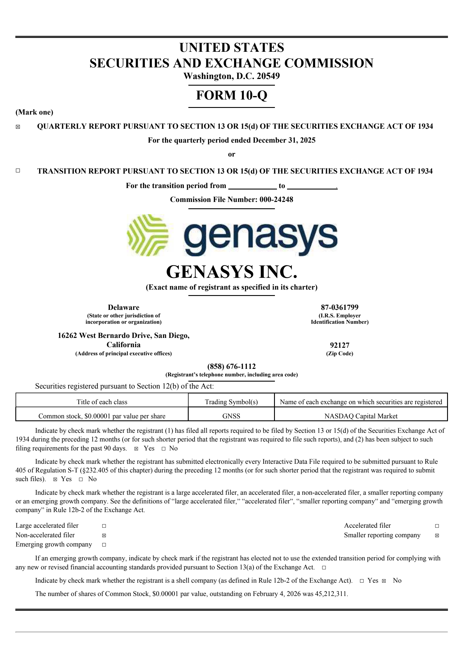 Genasys' Q1 2026 Quarterly report