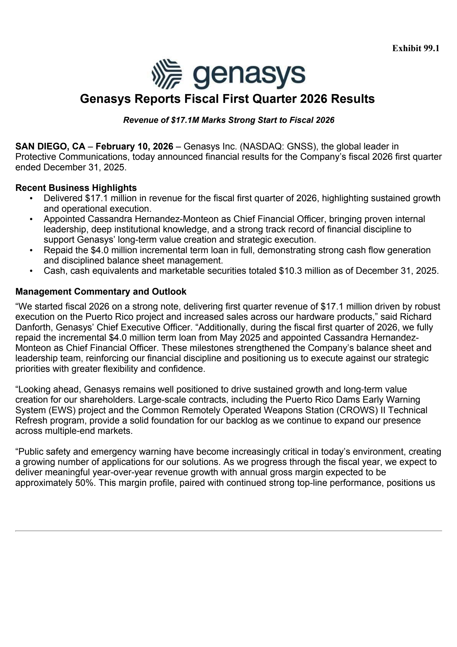Genasys' Q1 2026 Press Release