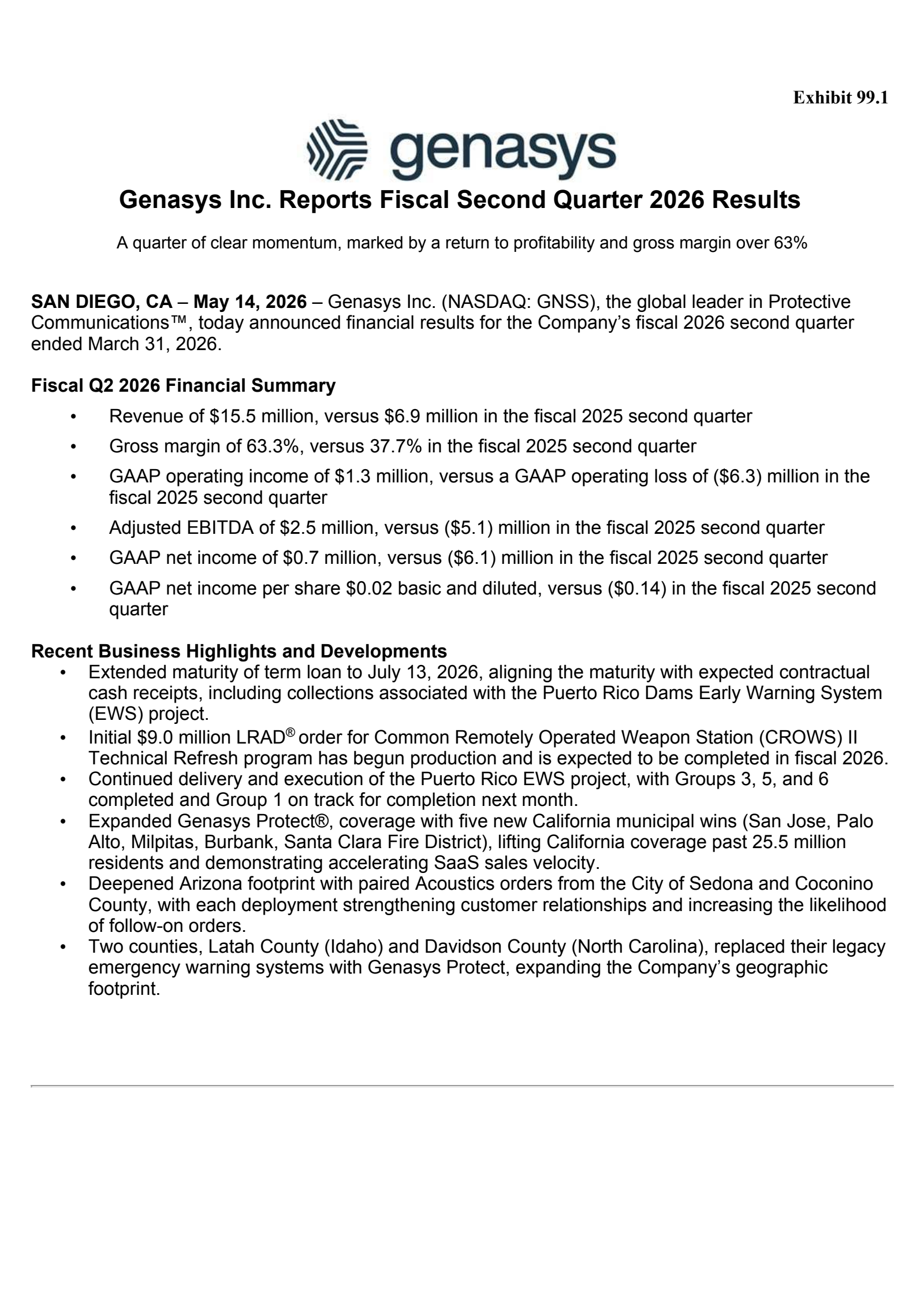 Genasys' Q2 2026 Press Release