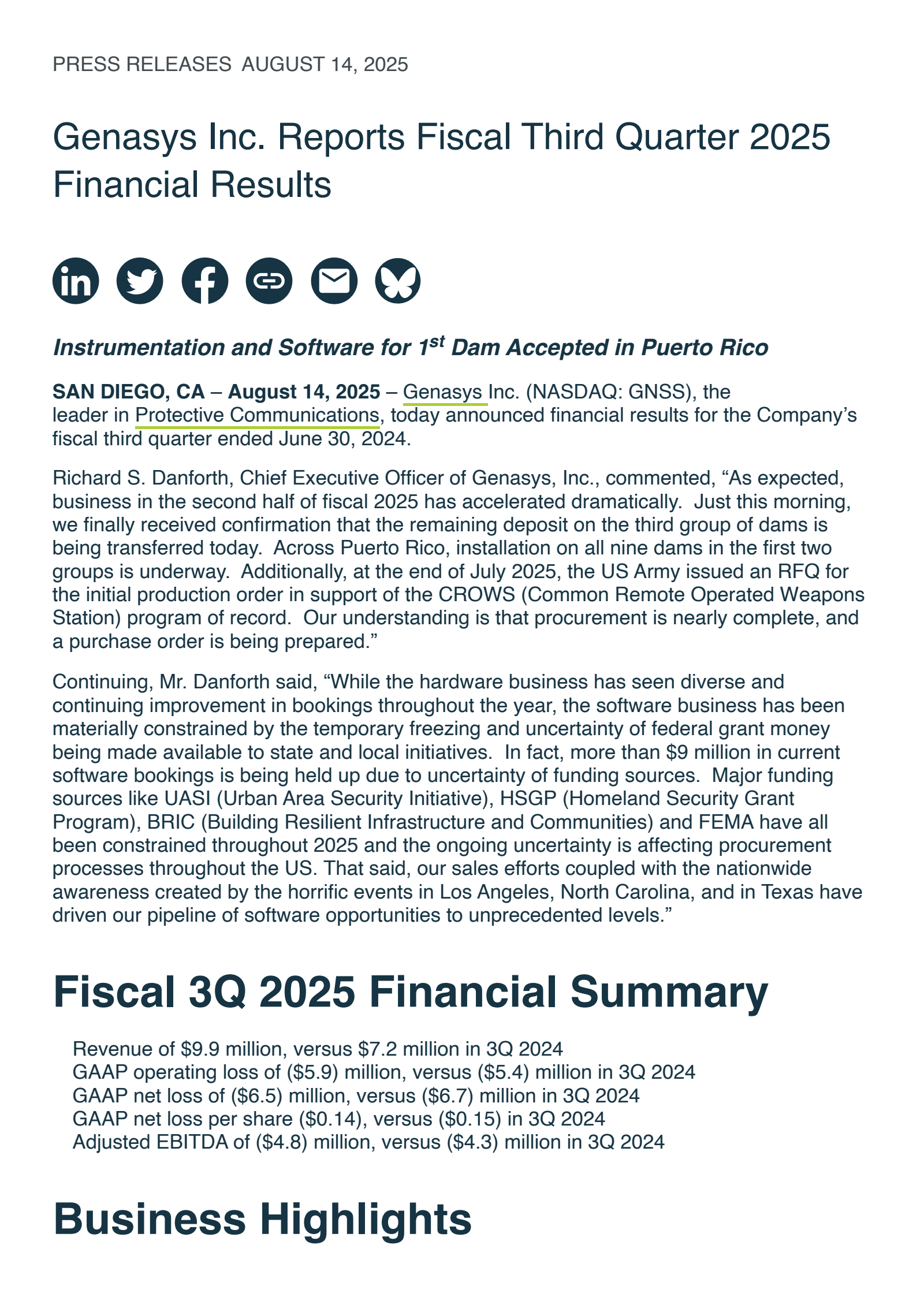 Genasys' Q3 2025 Press Release