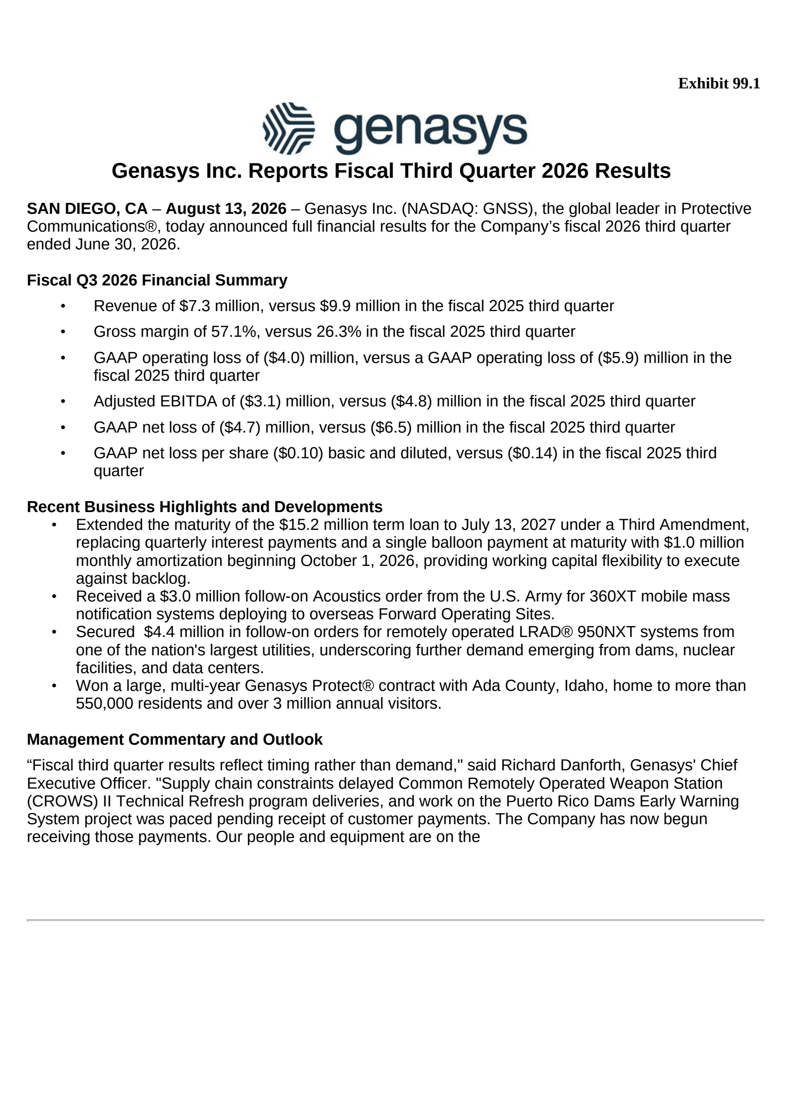 Genasys' Q3 2026 Press Release