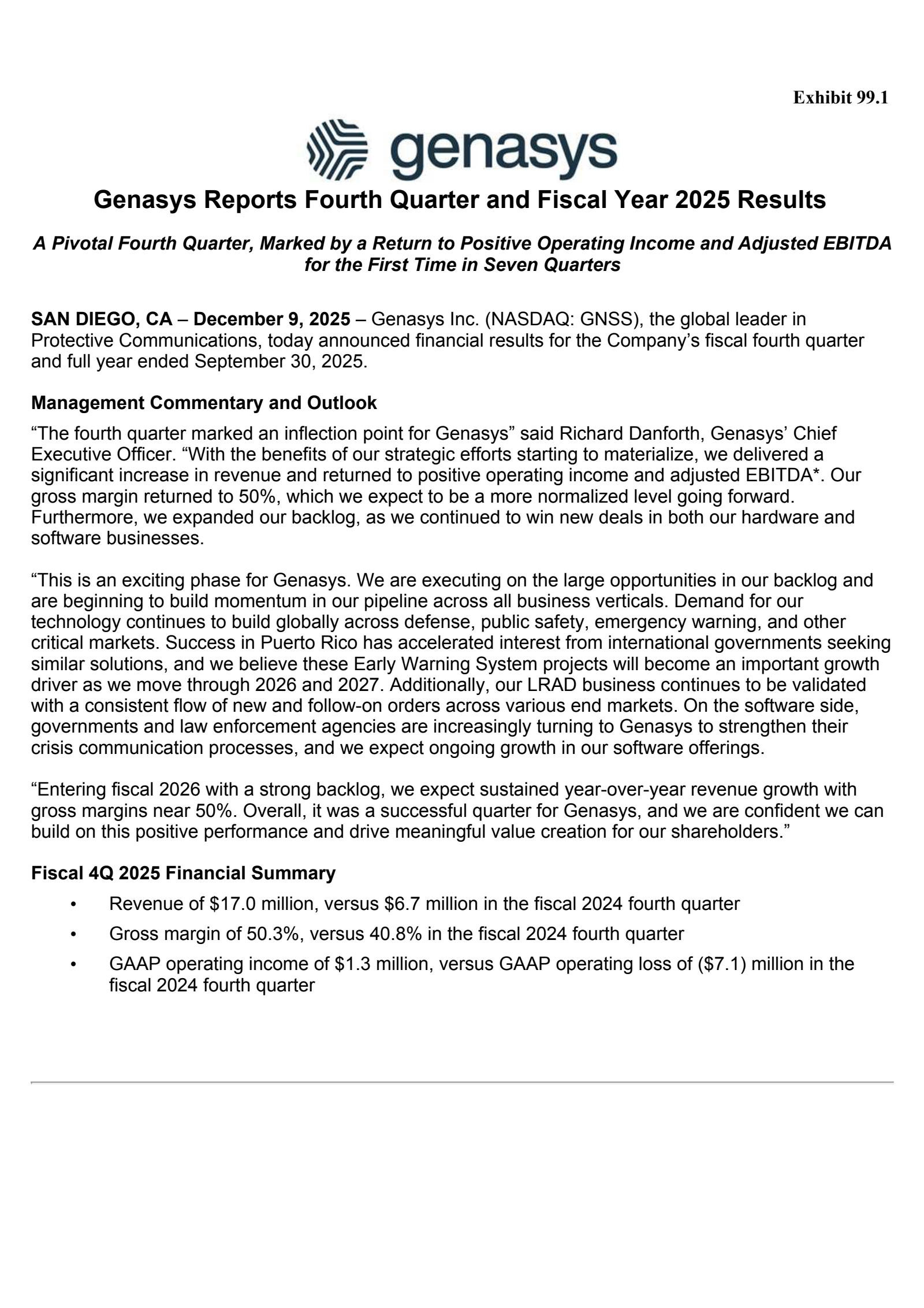 Genasys' Q4 2025 Earnings Release