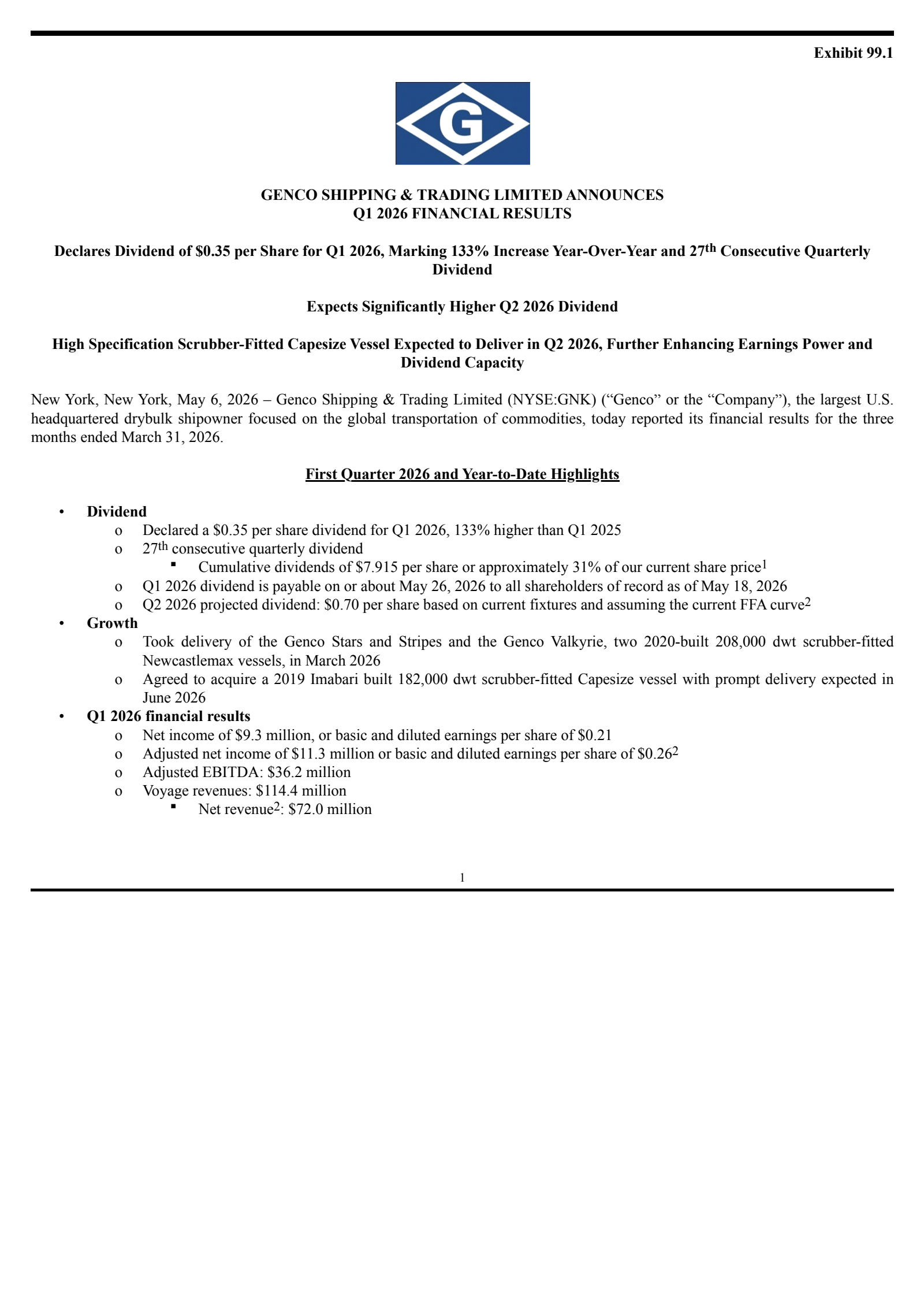 Genco Shipping & Trading's Q1 2026 Press Release