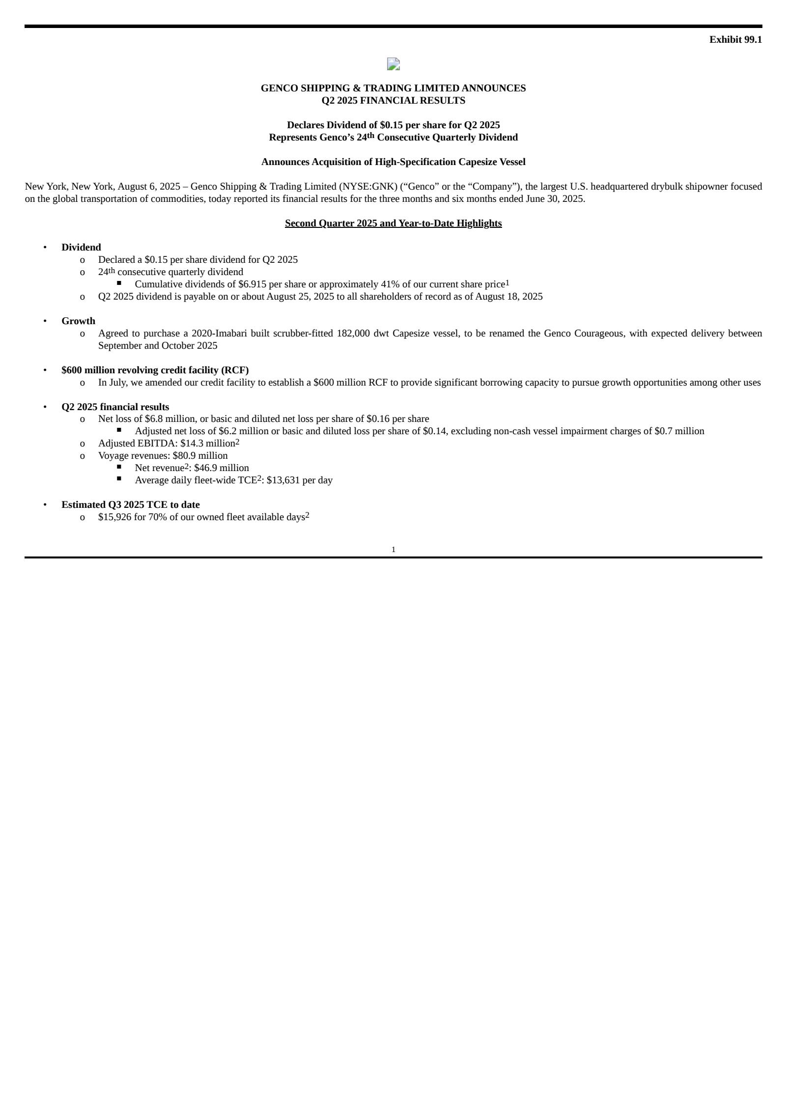 Genco Shipping & Trading's Q2 2025 Press Release